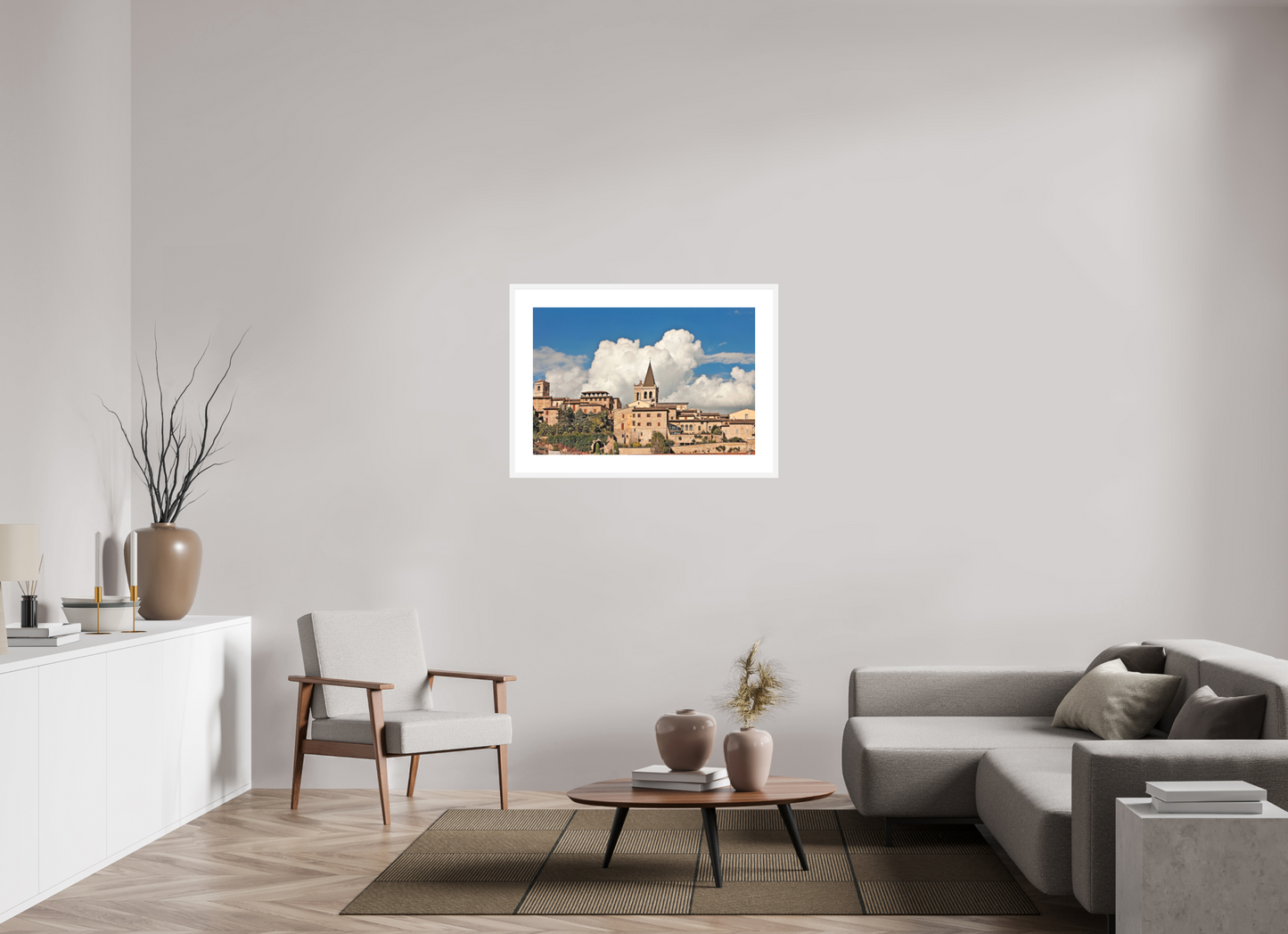 36 x 24″, Solid 0.8" White Wood Frame With 3" Natural White Passe-Partout with Museum Glass Town of Spello Umbria