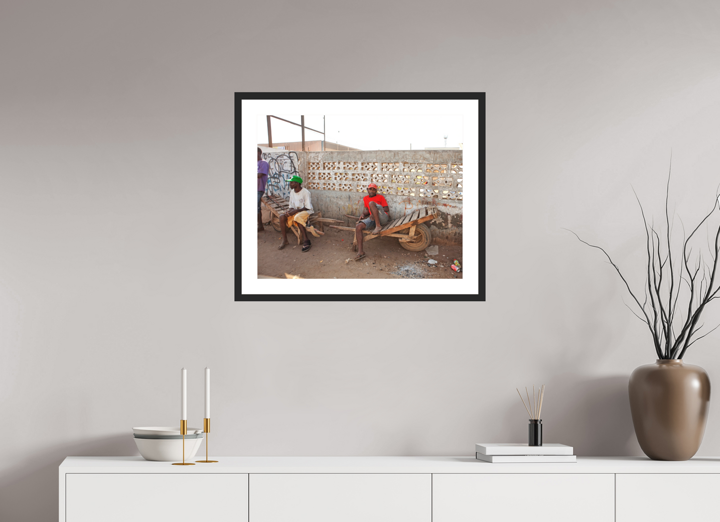 25 x 20″, Solid 0.8" Black Wood Frame With 2" Natural White Passe-Partout with Museum Glass Worker in Red Shirt, Angola