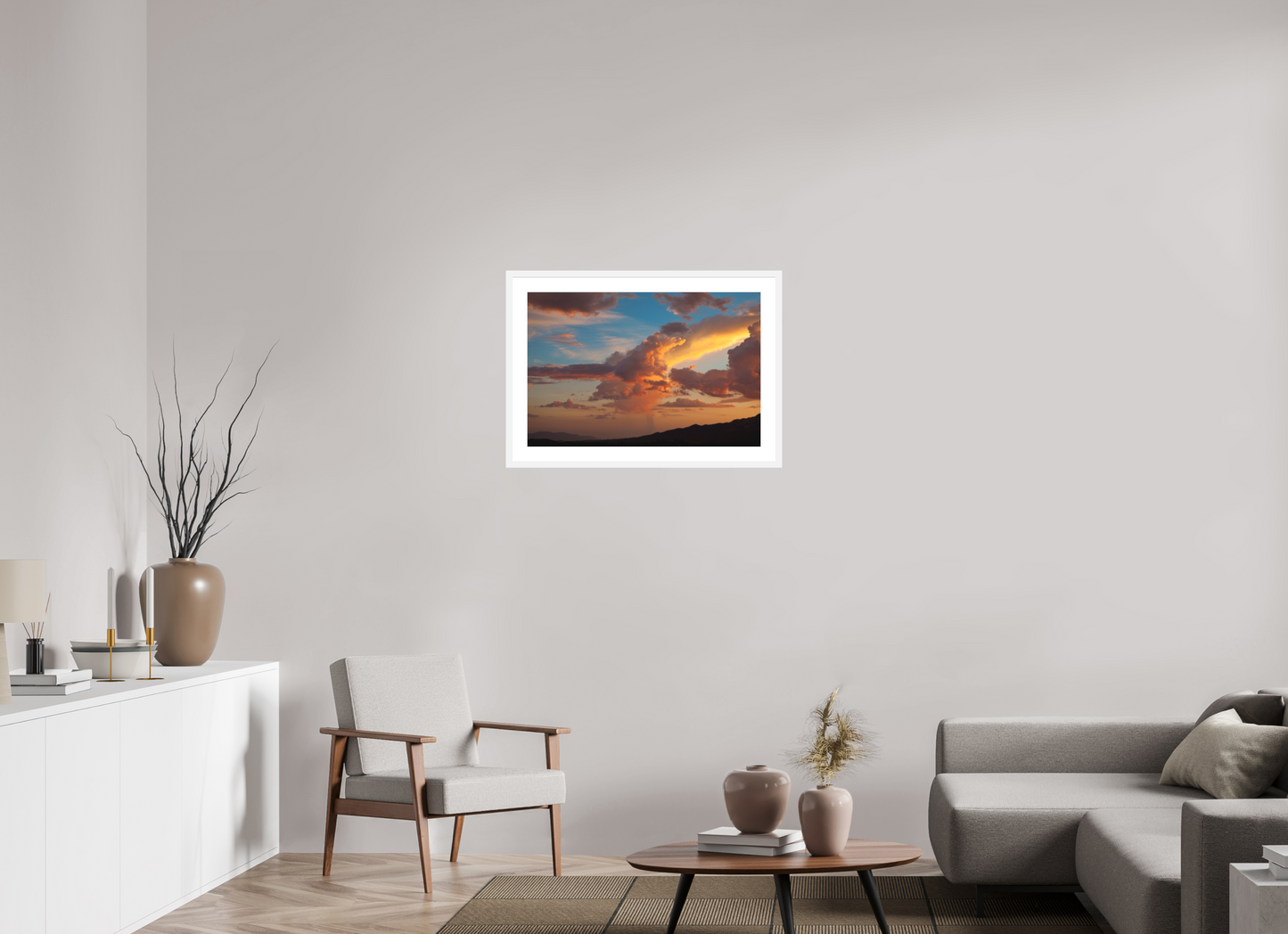 30 x 20″, Solid 0.8" White Wood Frame With 2" Natural White Passe-Partout with Museum Glass Sunset Clouds and Mountains