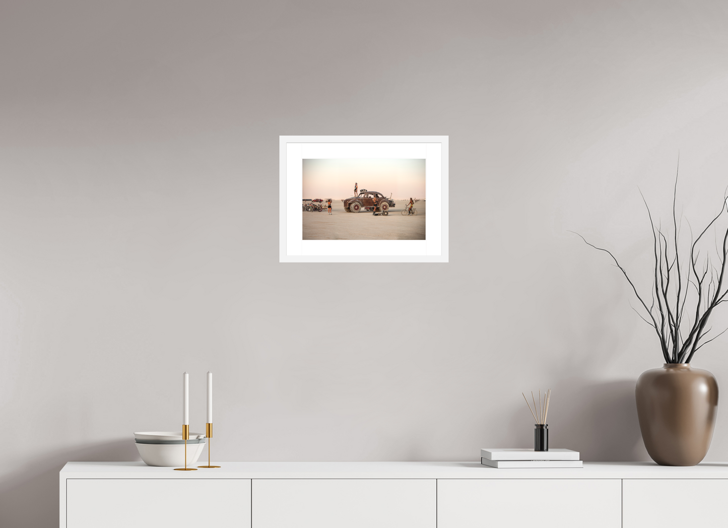 15 x 10″, Solid 0.8" White Wood Frame With 2" Natural White Passe-Partout with Museum Glass Burning Man - Art Car Large VW - Full Frame