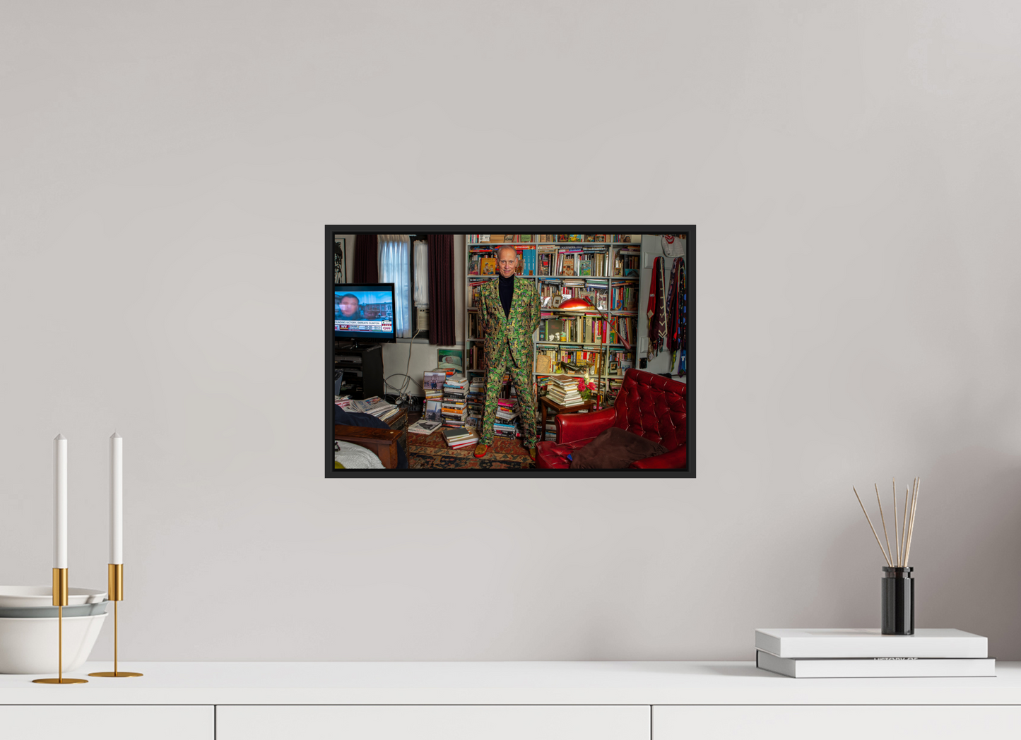 15 x 10″, Black Matte Frame, No Border Director John Waters in his Bedroom with TV