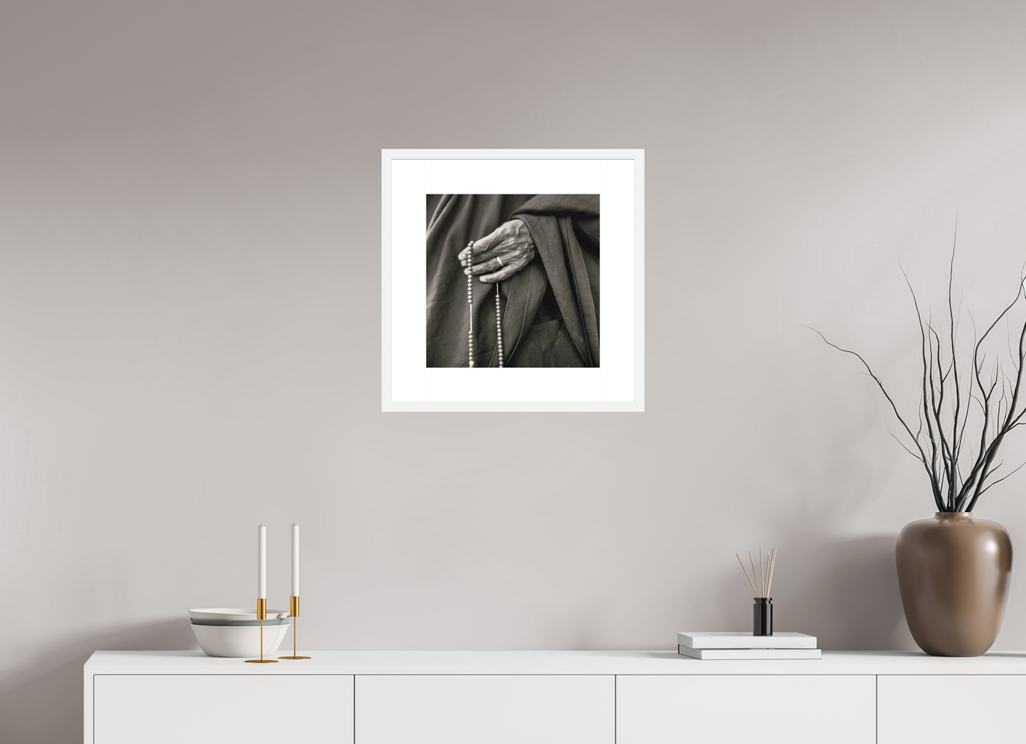 15 x 15″, Solid 0.8" White Wood Frame With 3" Natural White Passe-Partout with Museum Glass Tibetan Monk Hand with Prayer Beads, Tibet