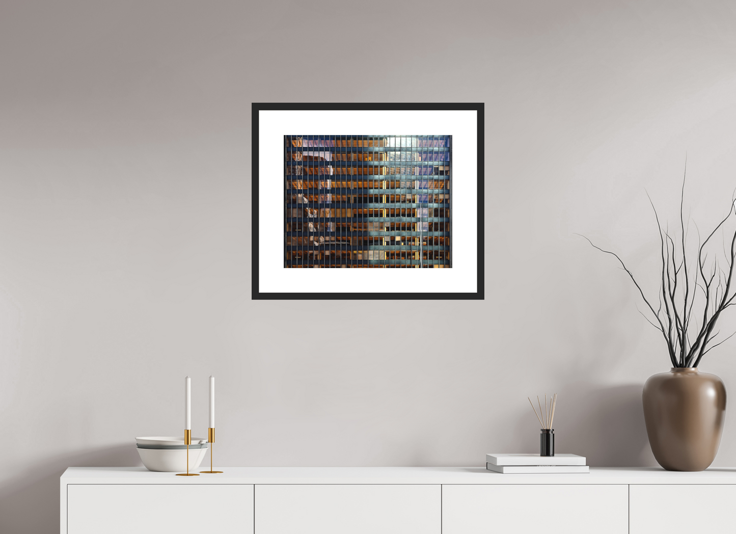 20.2 x 16″, Solid 0.8" Black Wood Frame With 3" Natural White Passe-Partout with Museum Glass Seagram Building