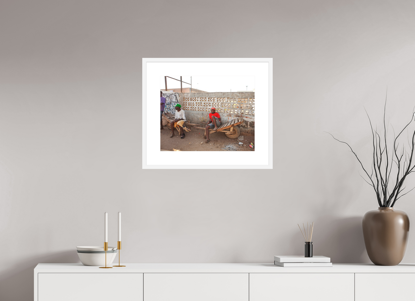 20 x 16″, Solid 0.8" White Wood Frame With 3" Natural White Passe-Partout with Museum Glass Worker in Red Shirt, Angola