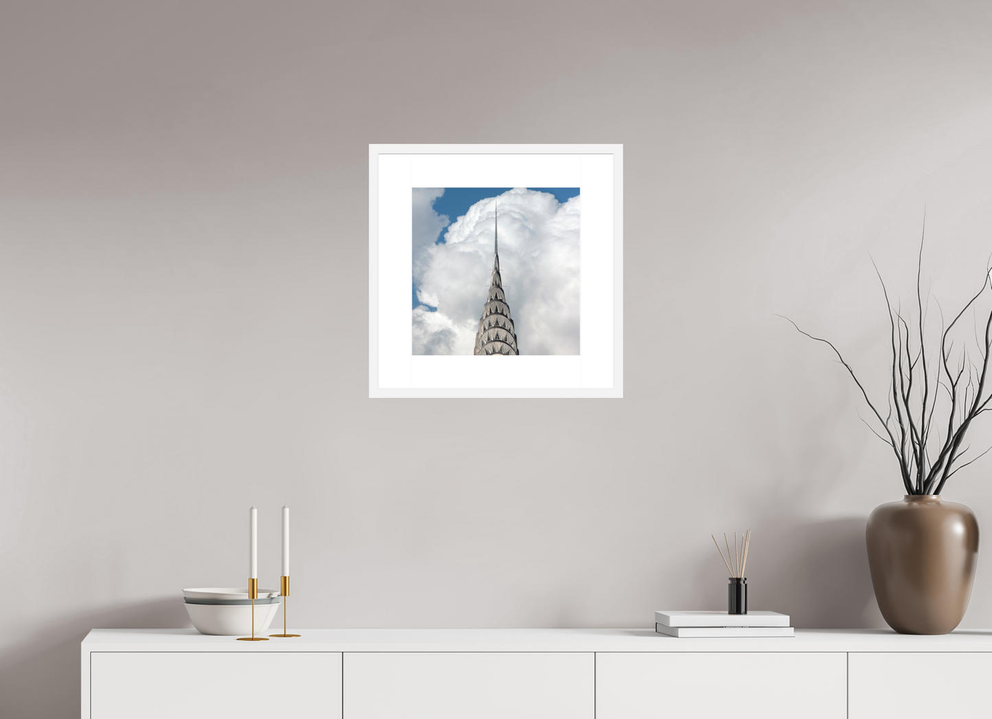 15 x 15″, Solid 0.8" White Wood Frame With 3" Natural White Passe-Partout with Museum Glass Chrysler Building with Clouds