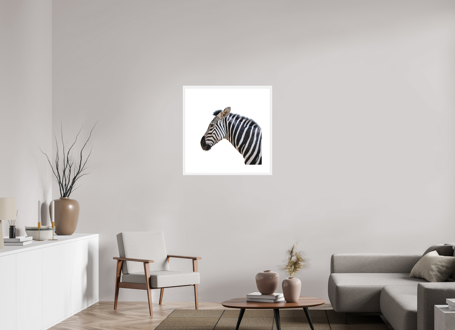 25 x 25″, Solid 0.8" White Wood Frame With 3" Natural White Passe-Partout with Museum Glass Zebra