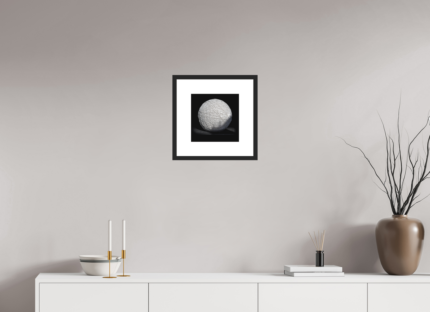 10 x 10″, Solid 0.8" Black Wood Frame With 3" Natural White Passe-Partout with Museum Glass Ball of String