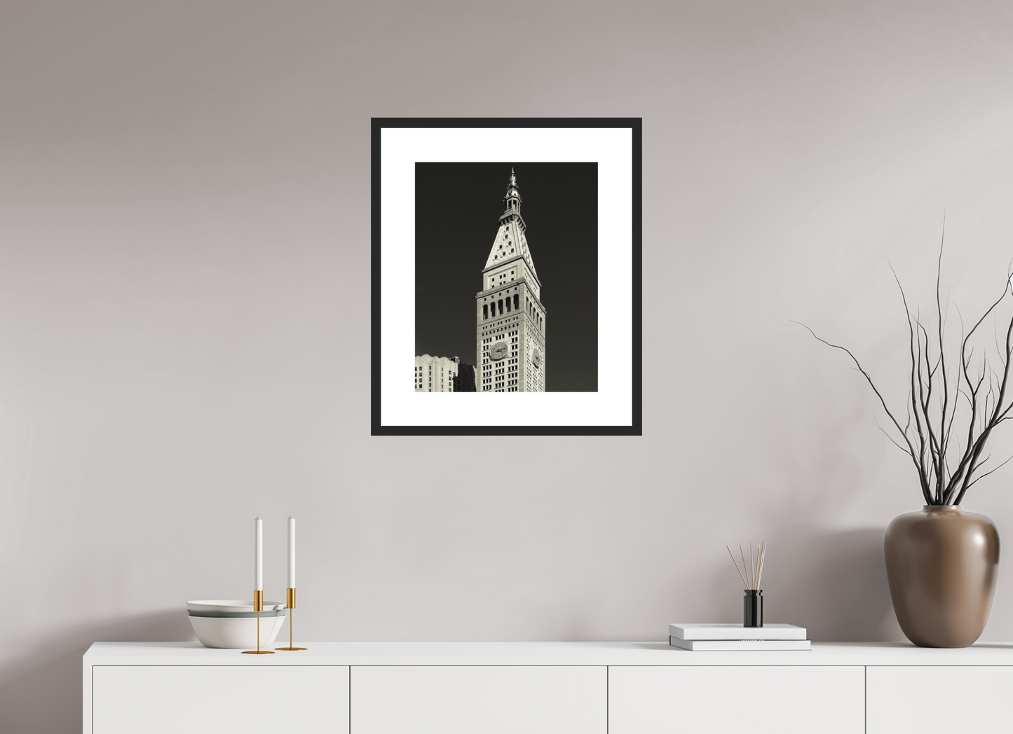 16 x 20″, Solid 0.8" Black Wood Frame With 3" Natural White Passe-Partout with Museum Glass Metropolitan Life Insurance Company Tower