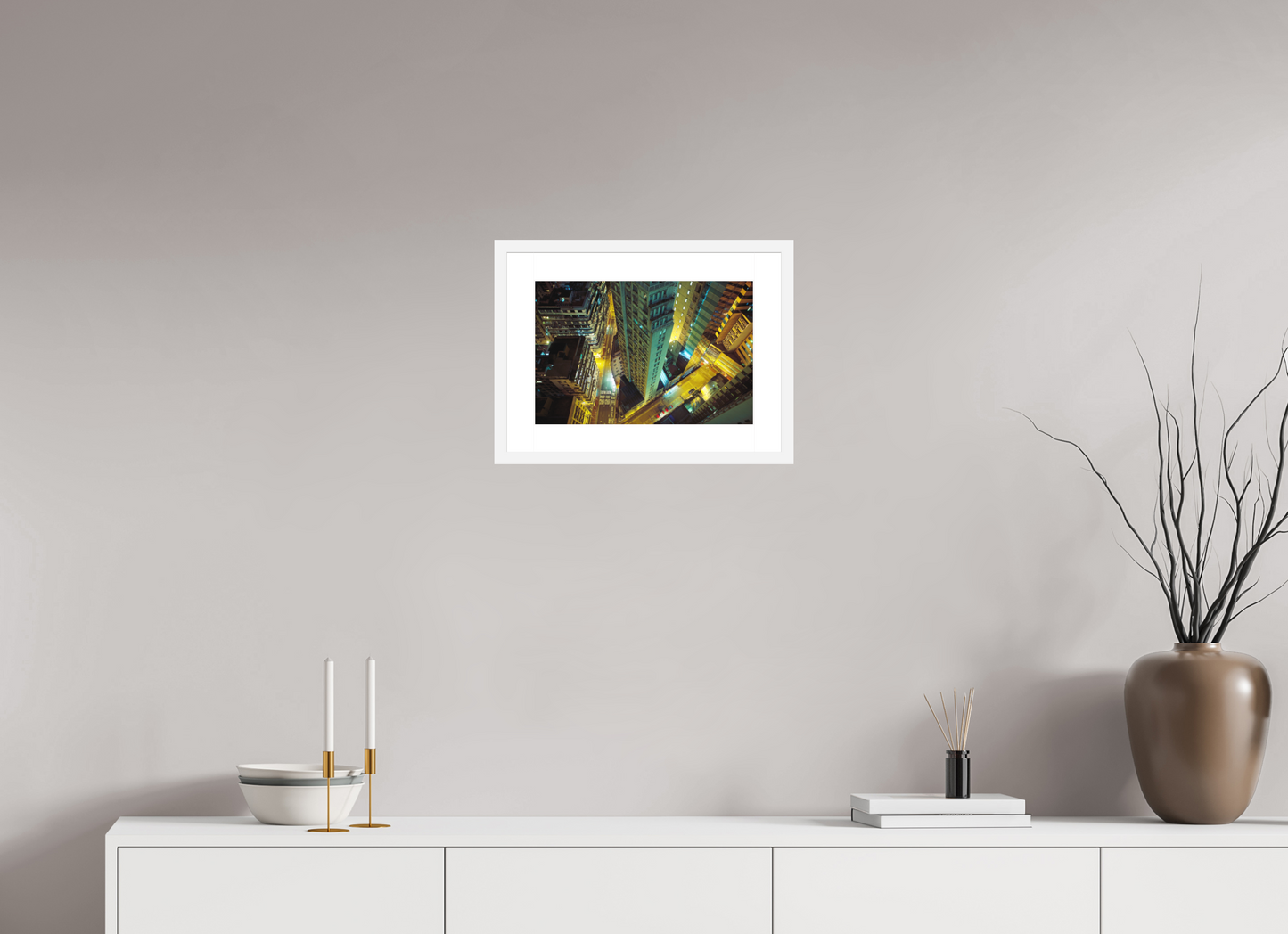 15 x 10″, Solid 0.8" White Wood Frame With 2" Natural White Passe-Partout with Museum Glass Downtown Hong Kong