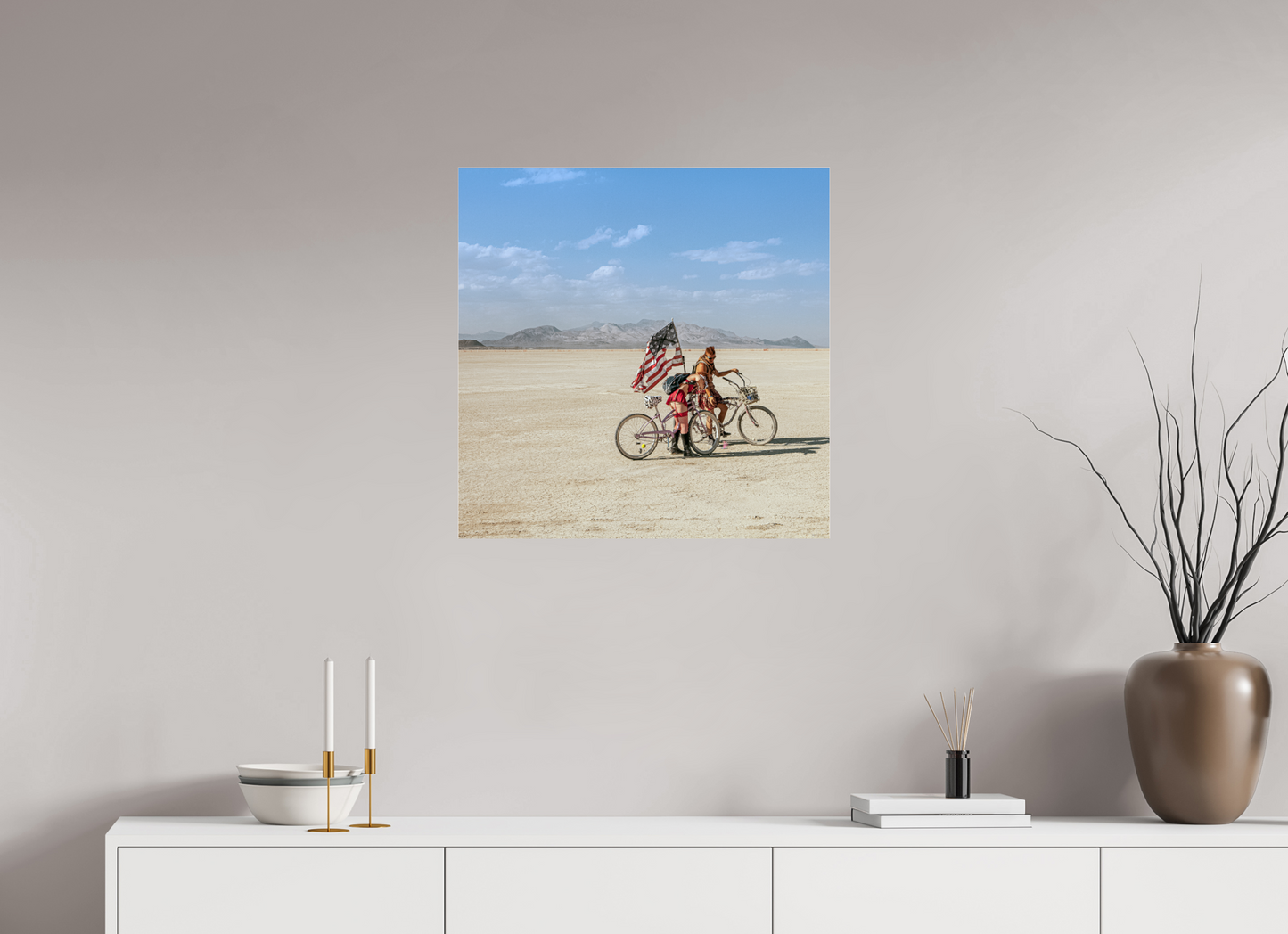 25 x 25″, Frameless Acrylic Glass Burning Man - Two with Bikes and USA Flag