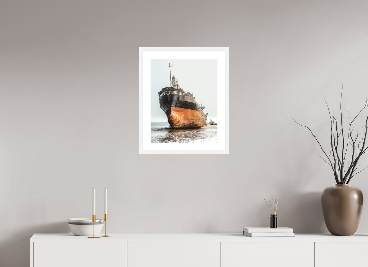16 x 20″, Solid 0.8" White Wood Frame With 2" Natural White Passe-Partout with Museum Glass Grounded Ship Angola