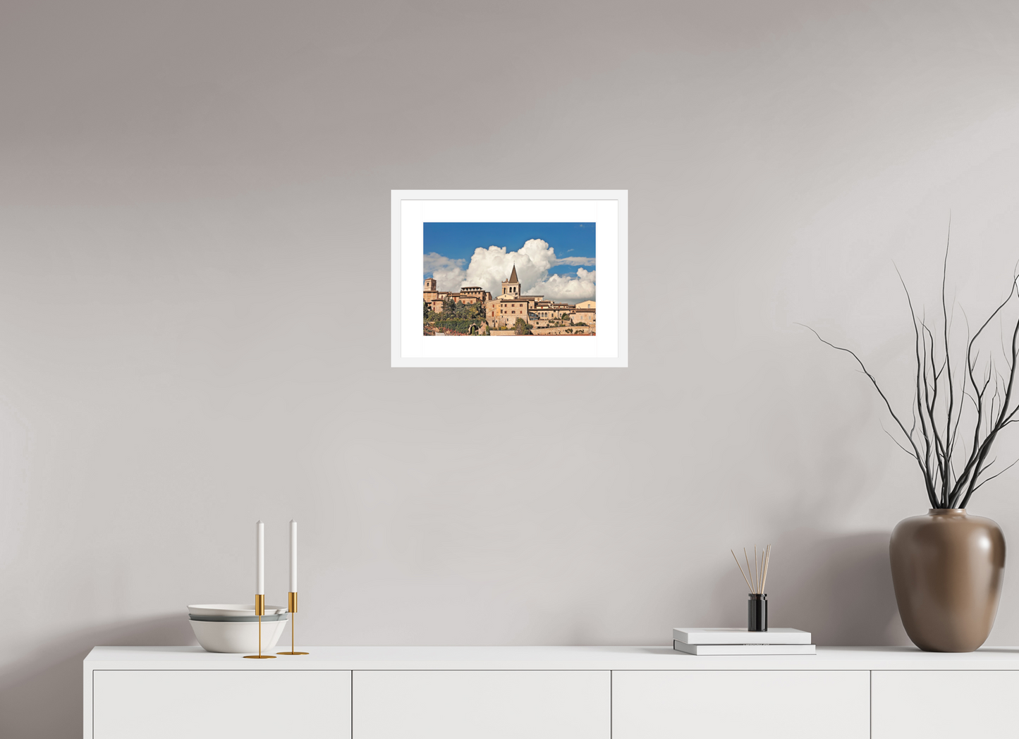 15 x 10″, Solid 0.8" White Wood Frame With 2" Natural White Passe-Partout with Museum Glass Town of Spello Umbria