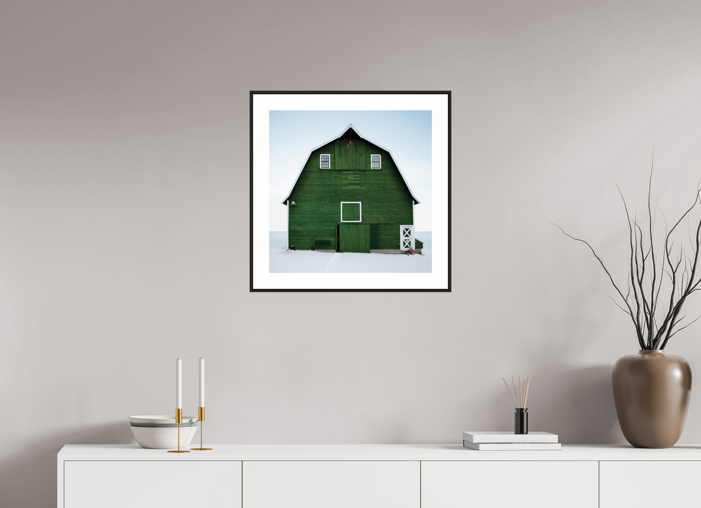 20 x 20″, Black Matte Frame Green Barn