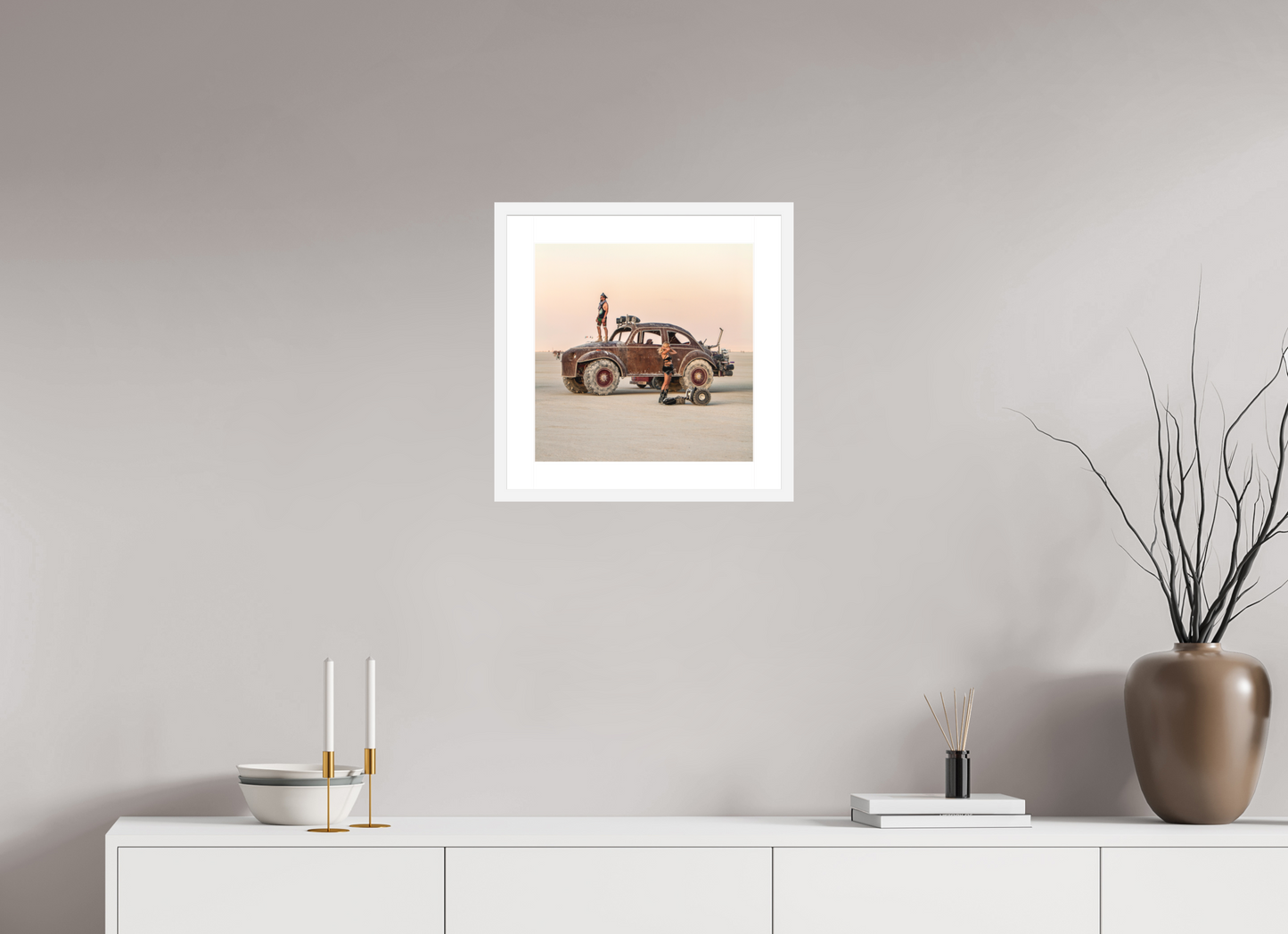 15 x 15″, Solid 0.8" White Wood Frame With 2" Natural White Passe-Partout with Museum Glass Burning Man - Large VW Art Car (square format)