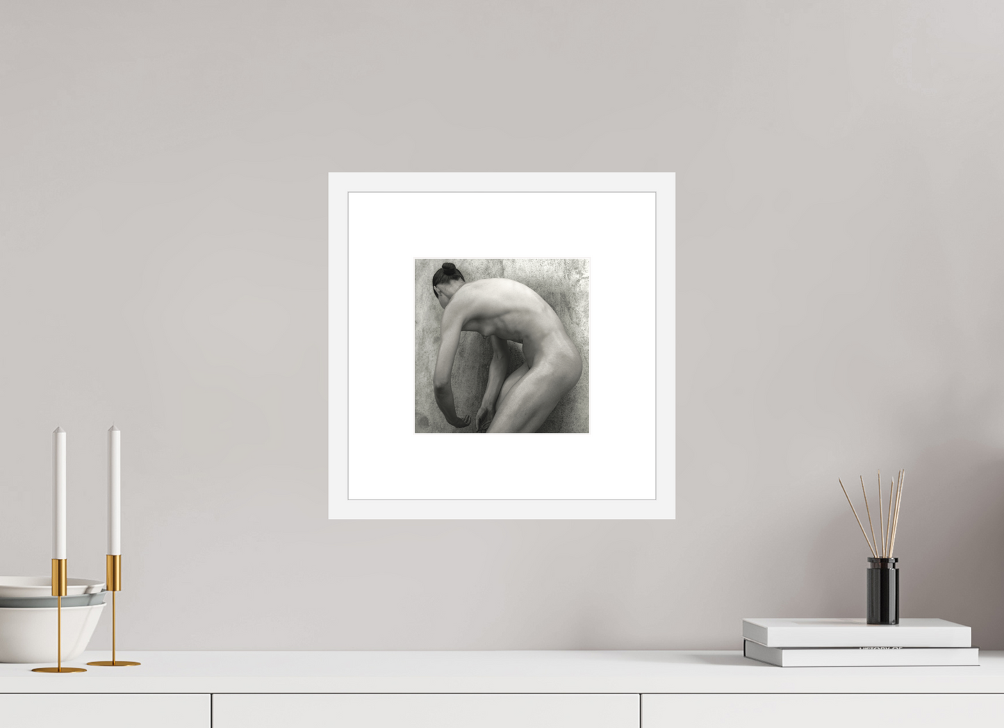 8 x 8″, Solid 0.8" White Wood Frame With 3" Natural White Passe-Partout with Museum Glass Nude No. 60 - square
