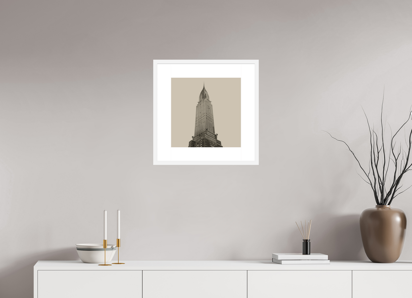 15 x 15″, Solid 0.8" White Wood Frame With 3" Natural White Passe-Partout with Museum Glass Chrysler Building, NY