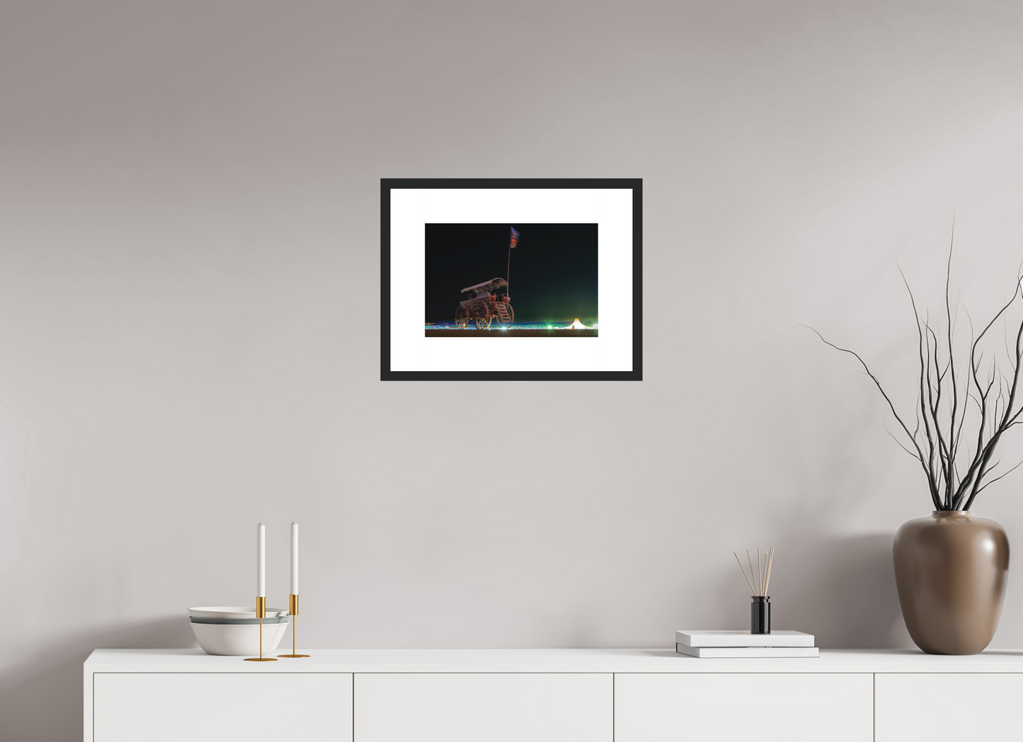 15 x 10″, Solid 0.8" Black Wood Frame With 3" Natural White Passe-Partout with Museum Glass Burning Man - Art Car with Flag