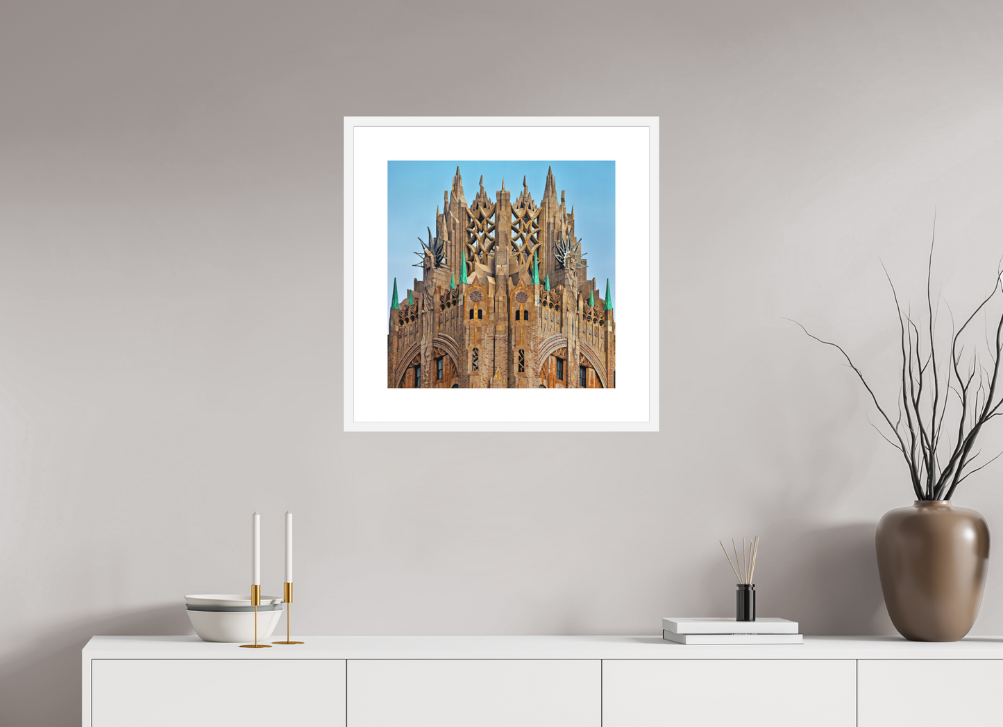 20 x 20″, Solid 0.8" White Wood Frame With 3" Natural White Passe-Partout with Museum Glass Crown of General Electric Building