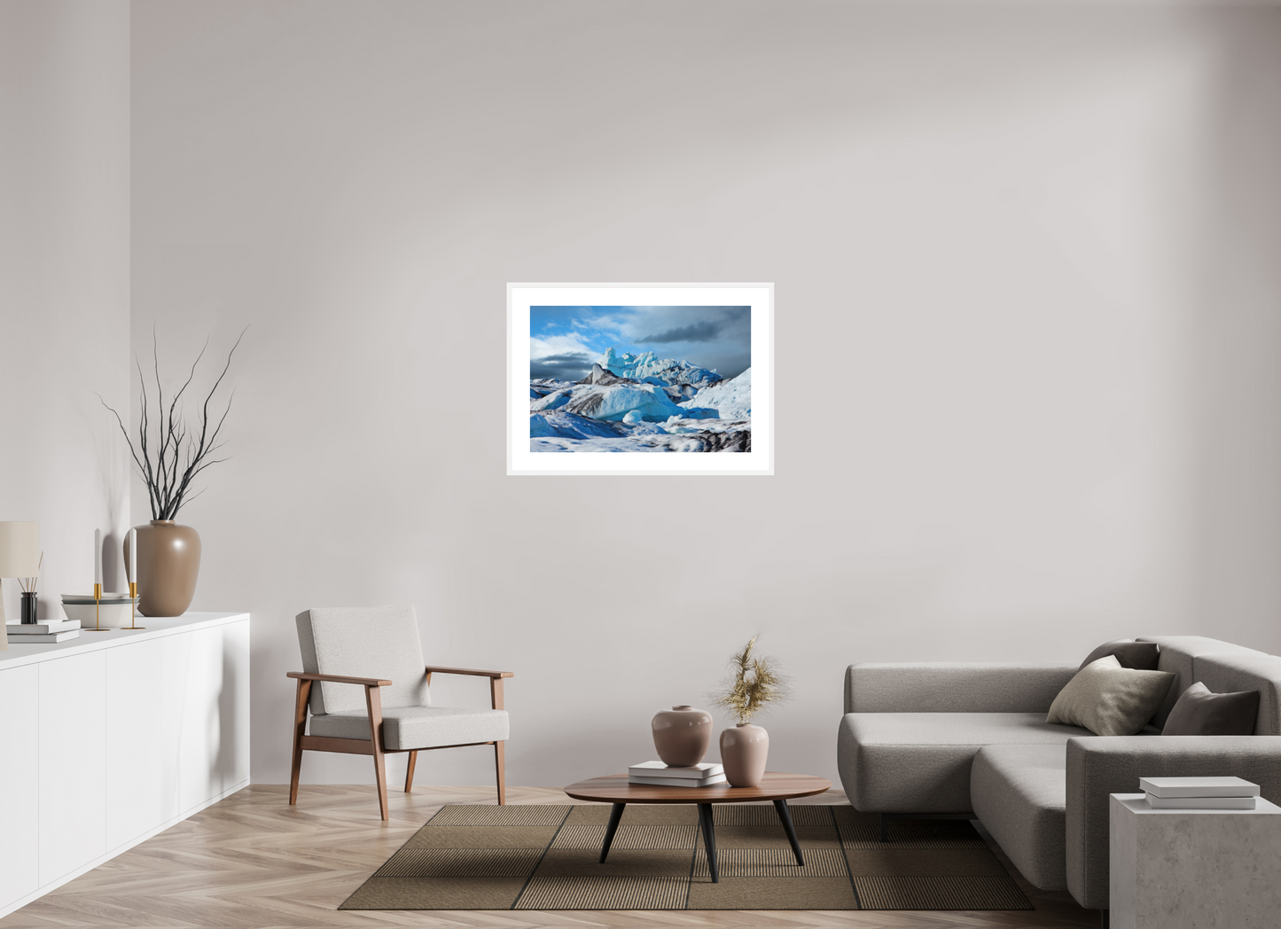 36 x 24″, Solid 0.8" White Wood Frame With 3" Natural White Passe-Partout with Museum Glass Iceland Icebergs