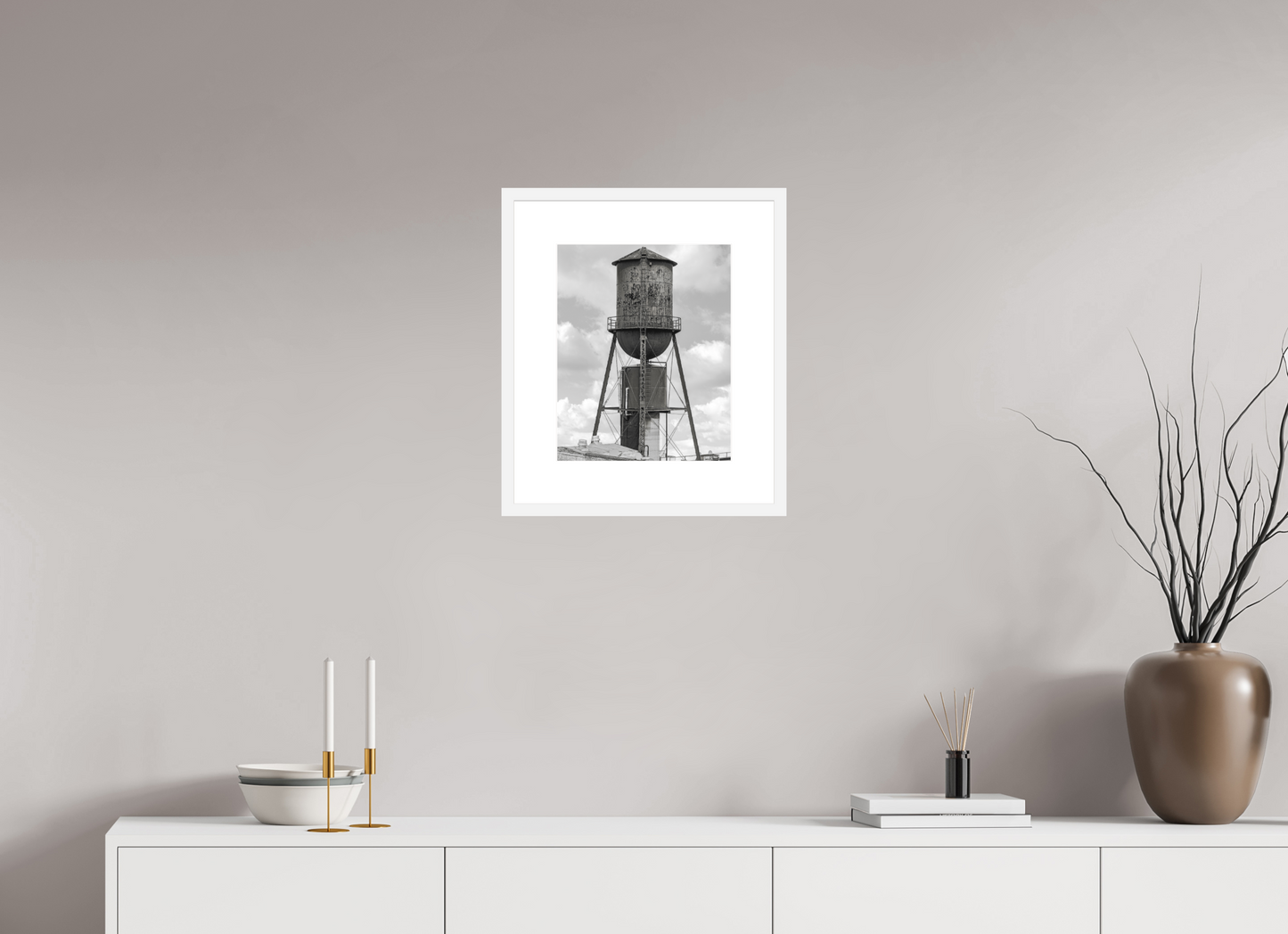12 x 14.9″, Solid 0.8" White Wood Frame With 3" Natural White Passe-Partout with Museum Glass Green Water Tower