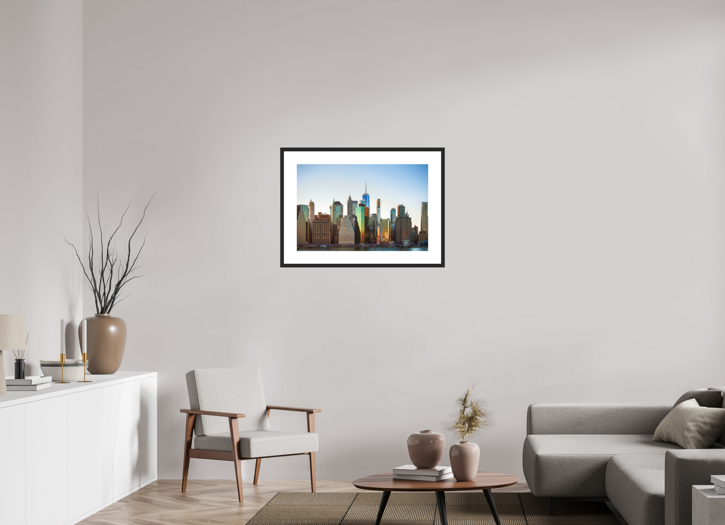 30 x 20″, Solid 0.8" Black Wood Frame With 3" Natural White Passe-Partout with Museum Glass Lower Manhattan