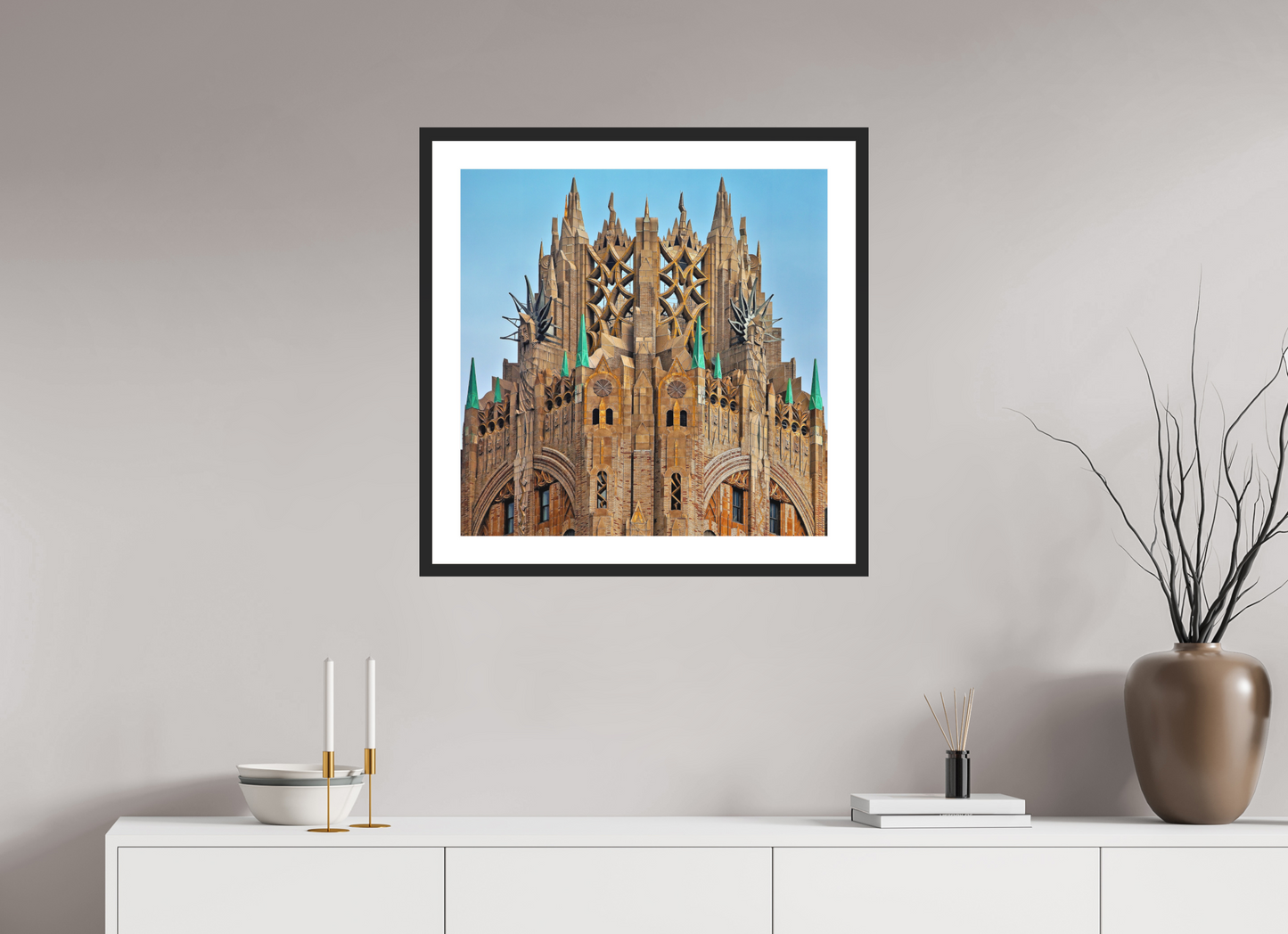 25 x 25″, Solid 0.8" Black Wood Frame With 2" Natural White Passe-Partout with Museum Glass Crown of General Electric Building