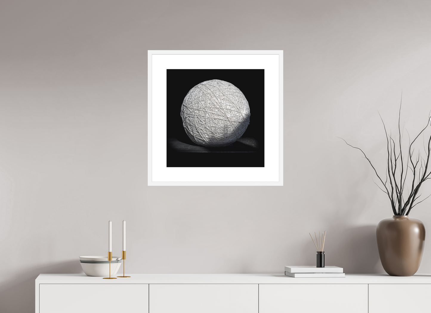 20 x 20″, Solid 0.8" White Wood Frame With 3" Natural White Passe-Partout with Museum Glass Ball of String