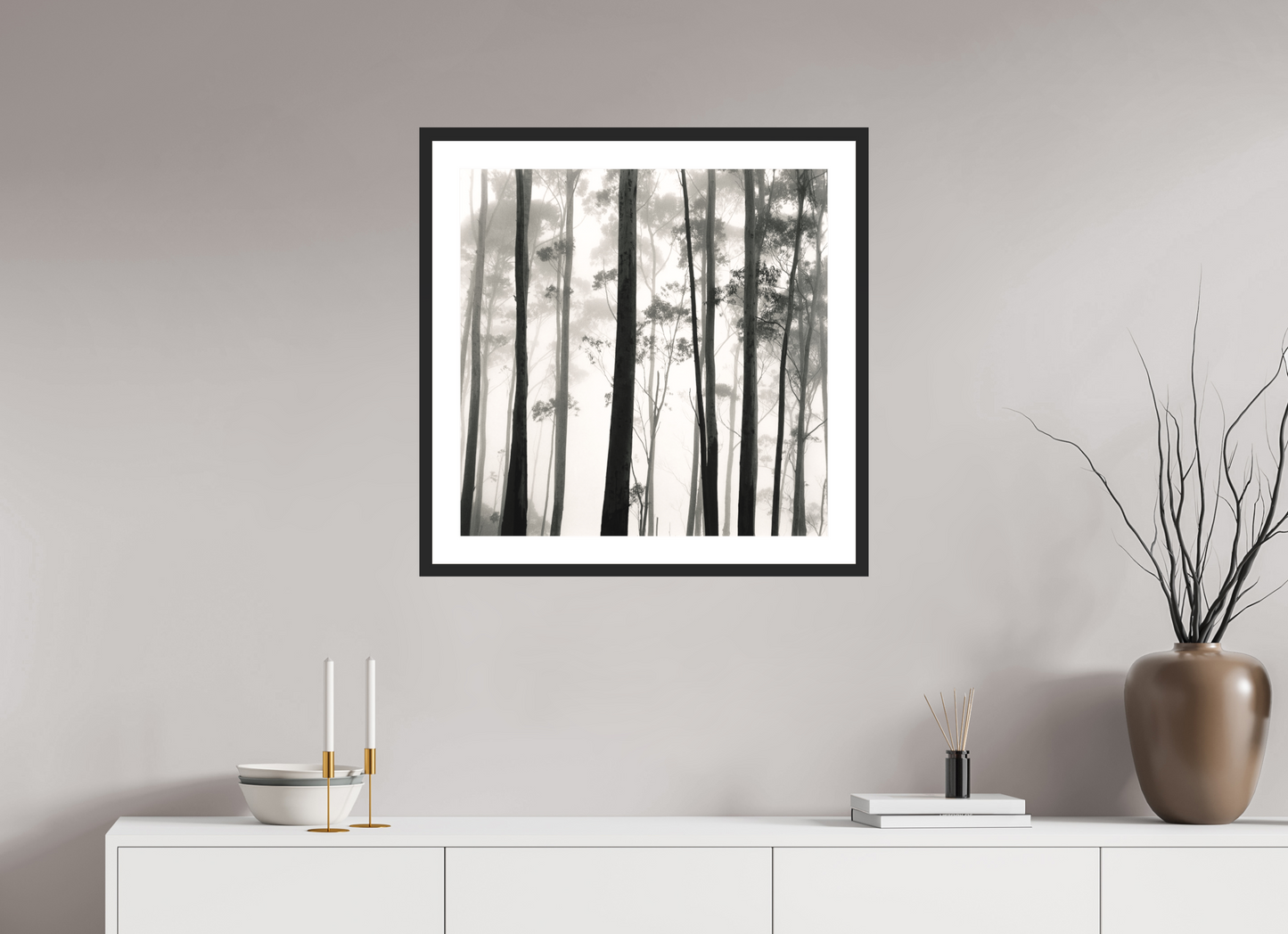 25 x 25″, Solid 0.8" Black Wood Frame With 2" Natural White Passe-Partout with Museum Glass Tilba Tilba Trees, Austrailia