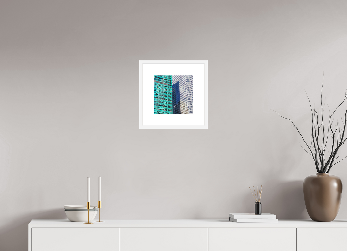 10 x 10″, Solid 0.8" White Wood Frame With 3" Natural White Passe-Partout with Museum Glass Green and White Office Buildings