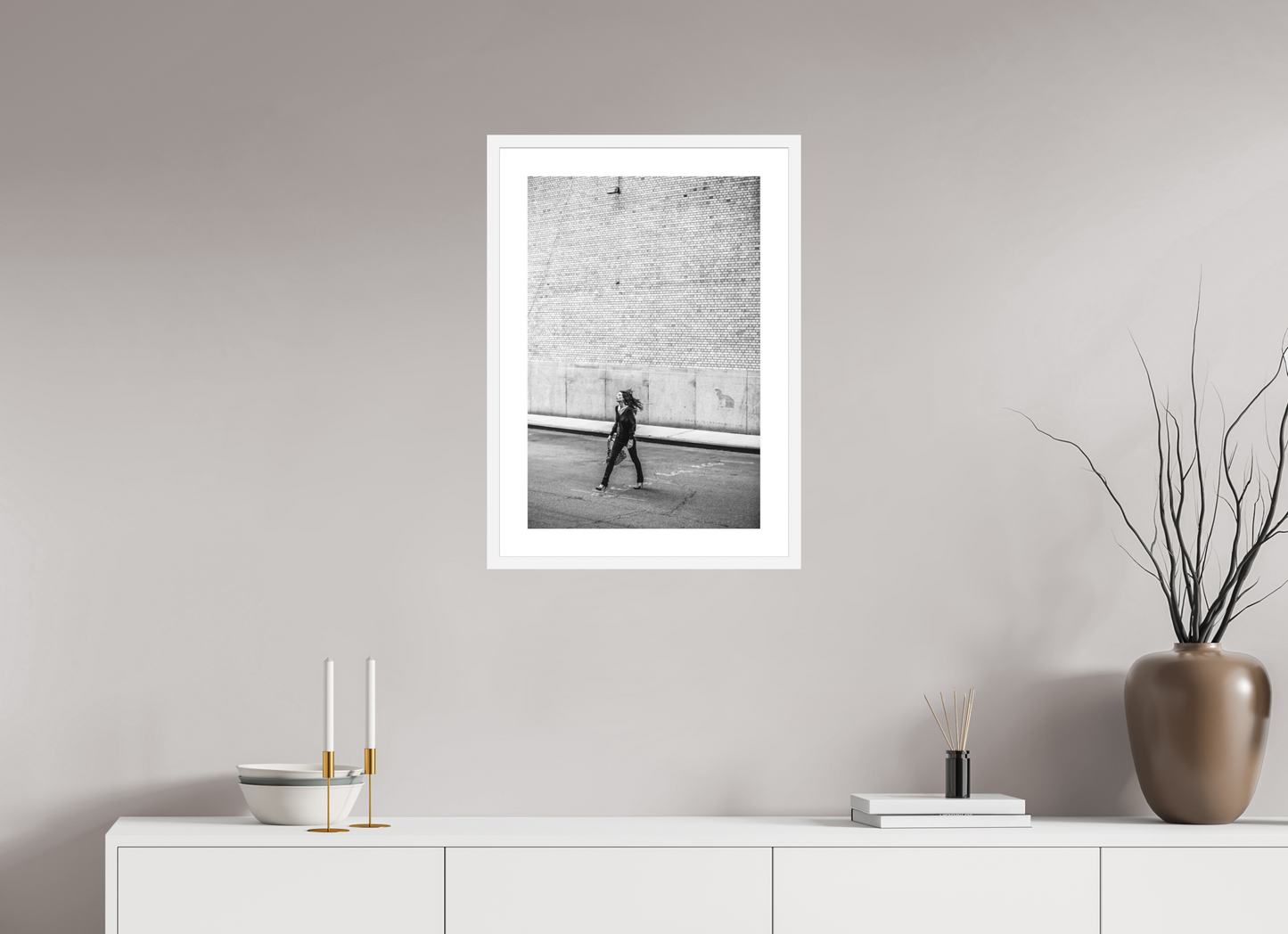 16 x 24″, Solid 0.8" White Wood Frame With 2" Natural White Passe-Partout with Museum Glass Woman Walking Across the Street