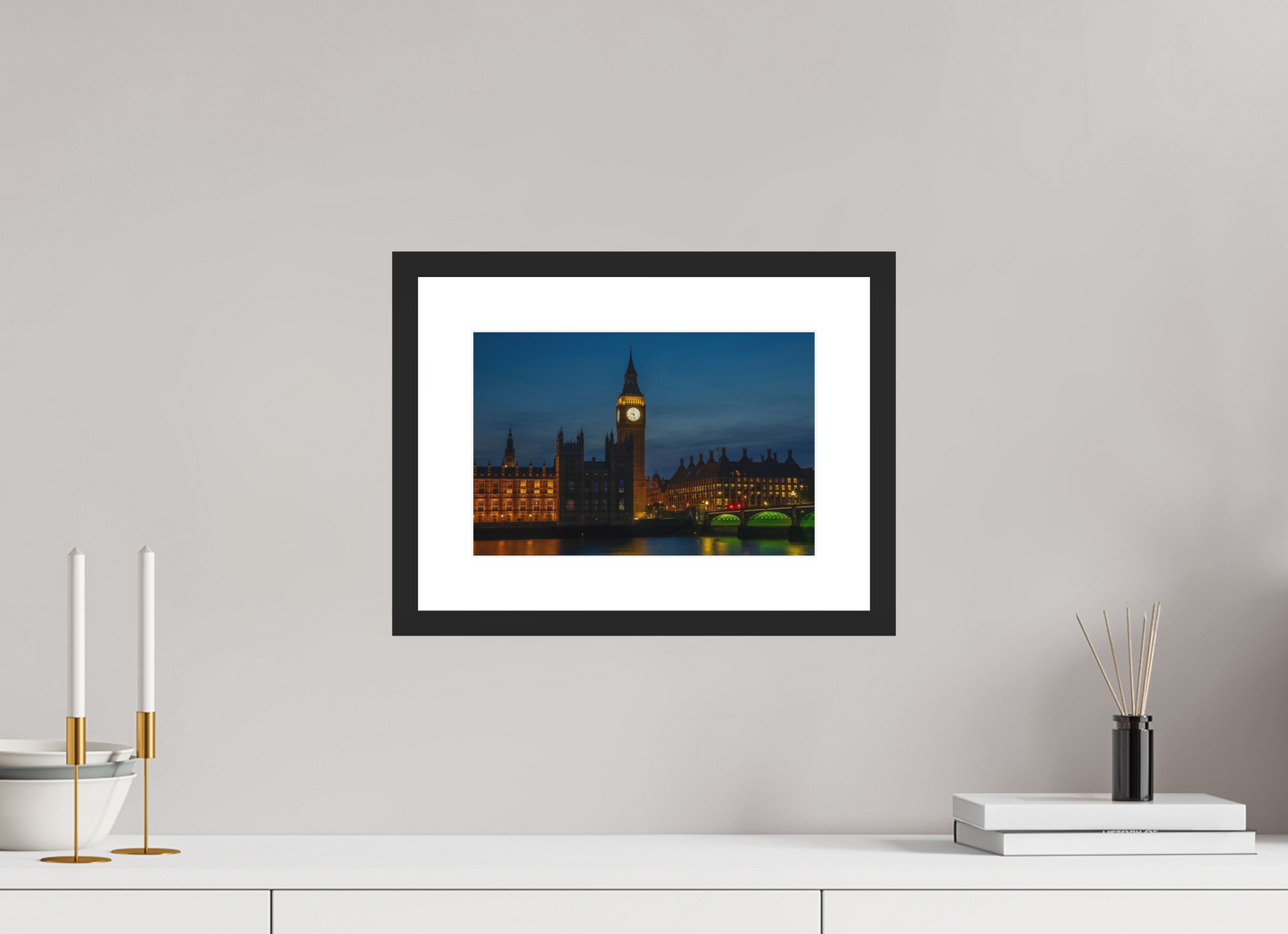 12 x 8″, Solid 0.8" Black Wood Frame With 2" Natural White Passe-Partout with Museum Glass Big Ben