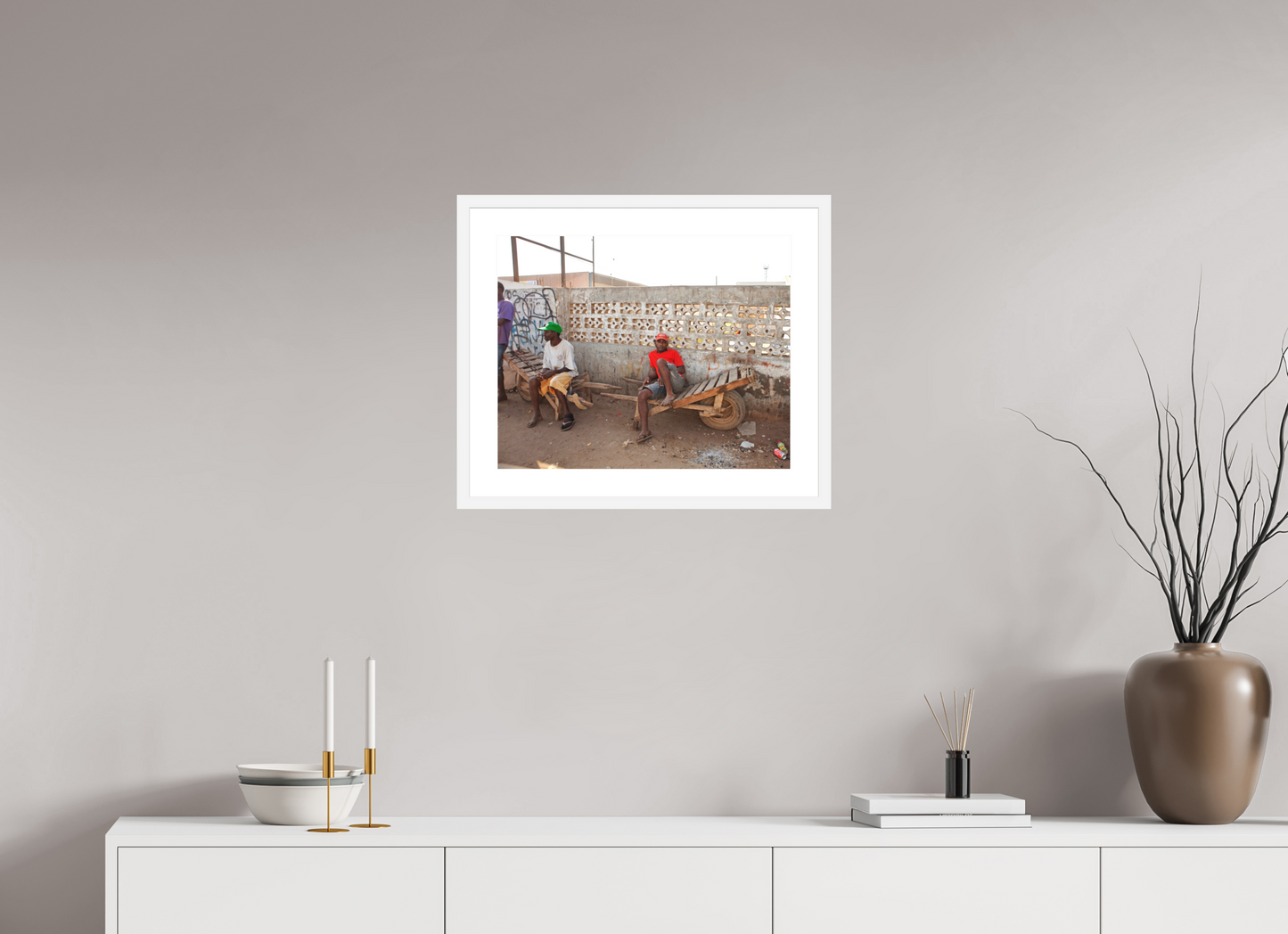 20 x 16″, Solid 0.8" White Wood Frame With 2" Natural White Passe-Partout with Museum Glass Worker in Red Shirt, Angola