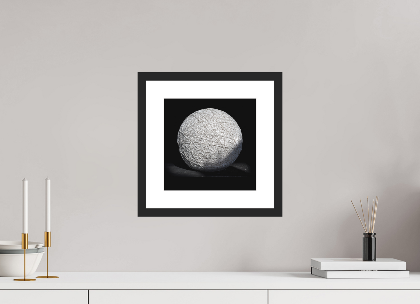 10 x 10″, Solid 0.8" Black Wood Frame With 2" Natural White Passe-Partout with Museum Glass Ball of String