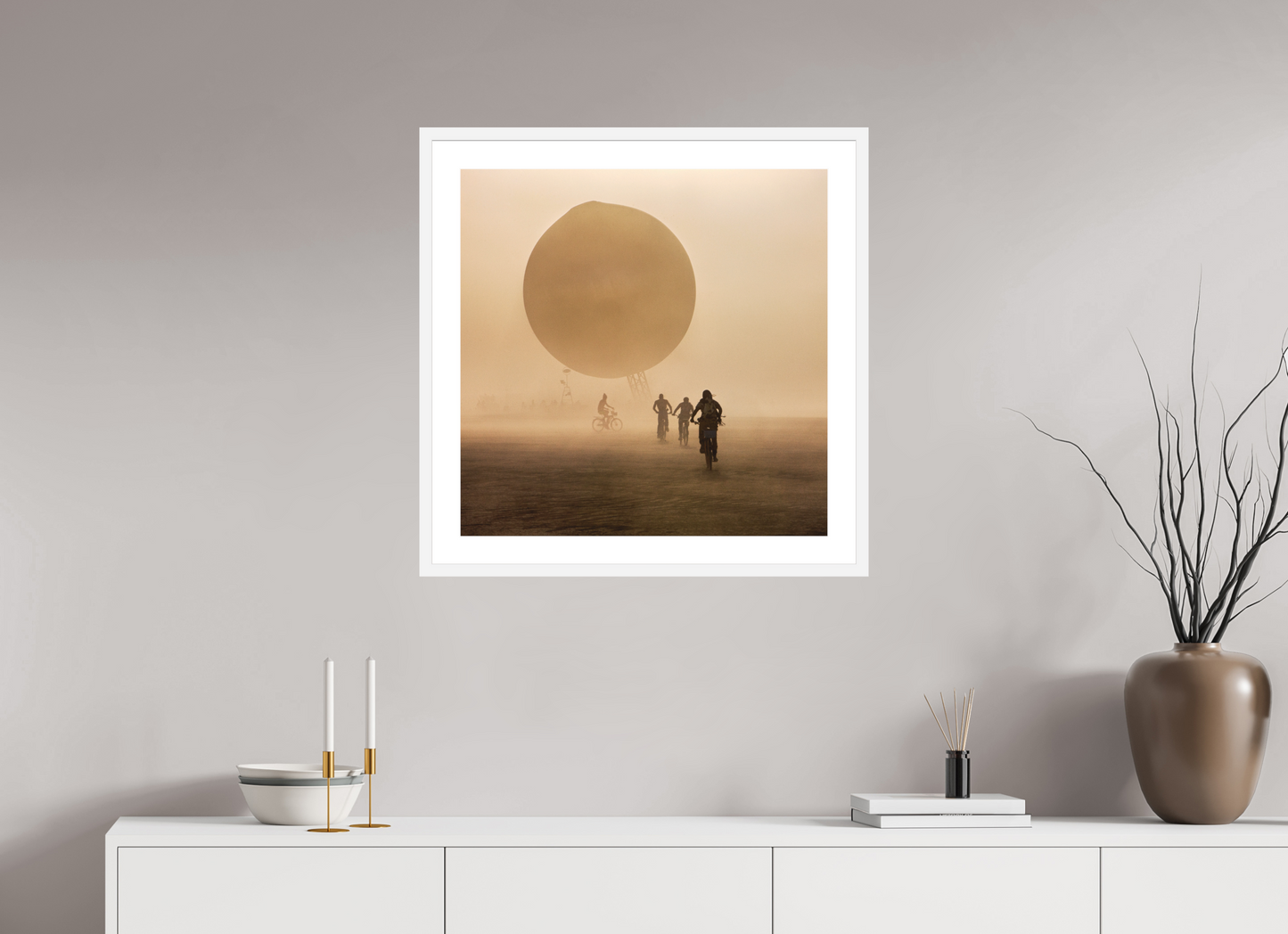 25 x 25″, Solid 0.8" White Wood Frame With 2" Natural White Passe-Partout with Museum Glass Burning Man - Weather Balloon and Bikers (square format)