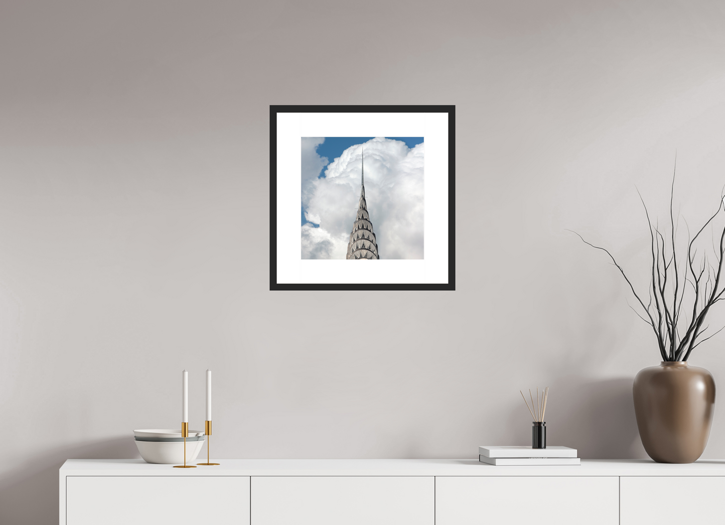 15 x 15″, Solid 0.8" Black Wood Frame With 3" Natural White Passe-Partout with Museum Glass Chrysler Building with Clouds