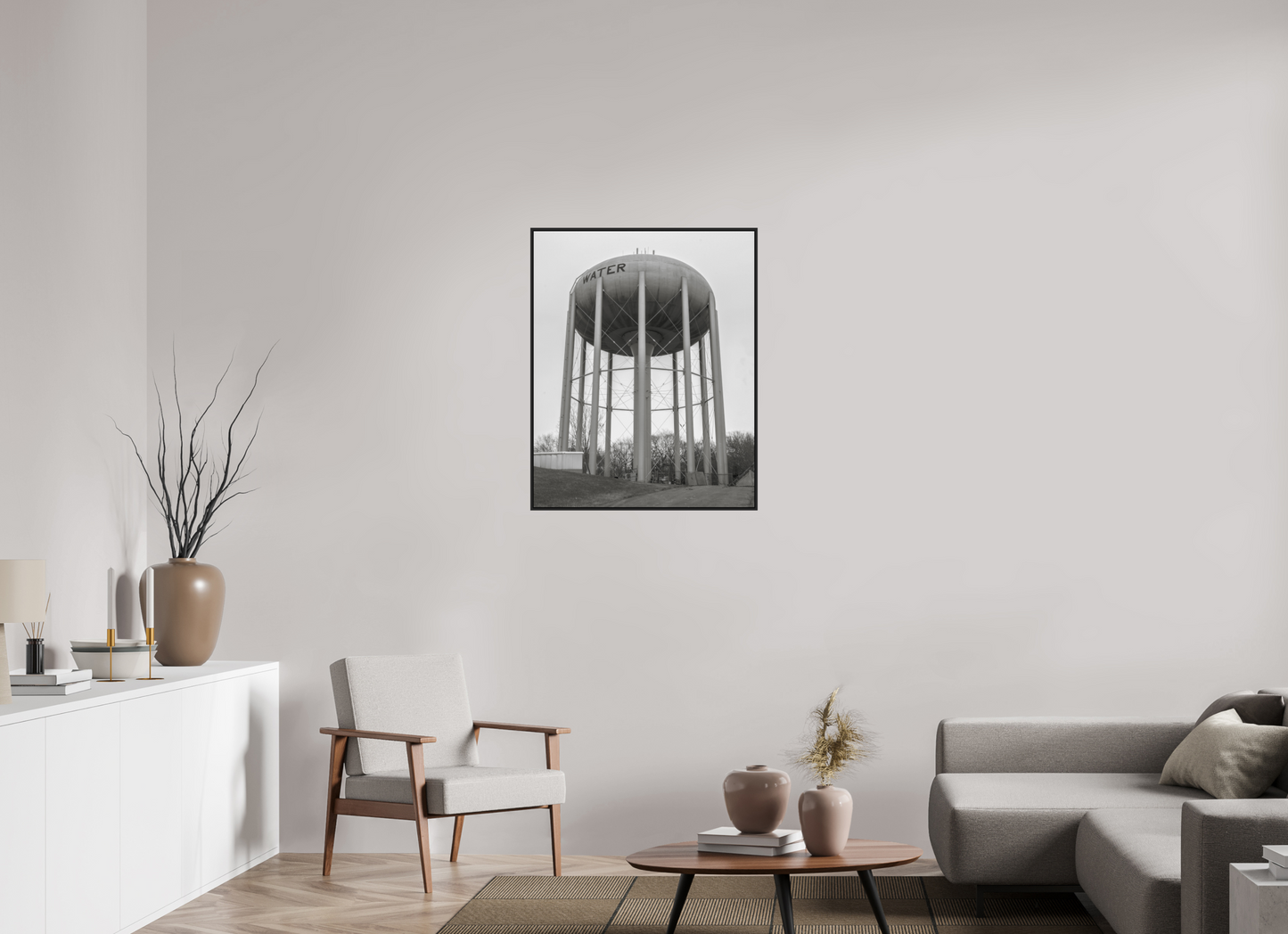 28 x 35″, Black Matte Frame, No Border Grey Water Tower