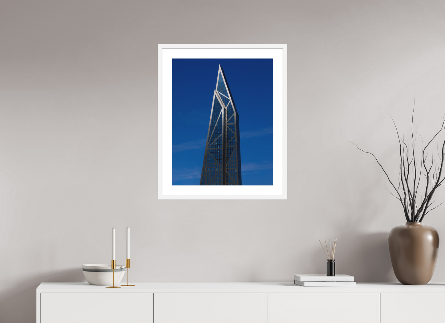 20 x 25″, Solid 0.8" White Wood Frame With 2" Natural White Passe-Partout with Museum Glass MoMA Tower