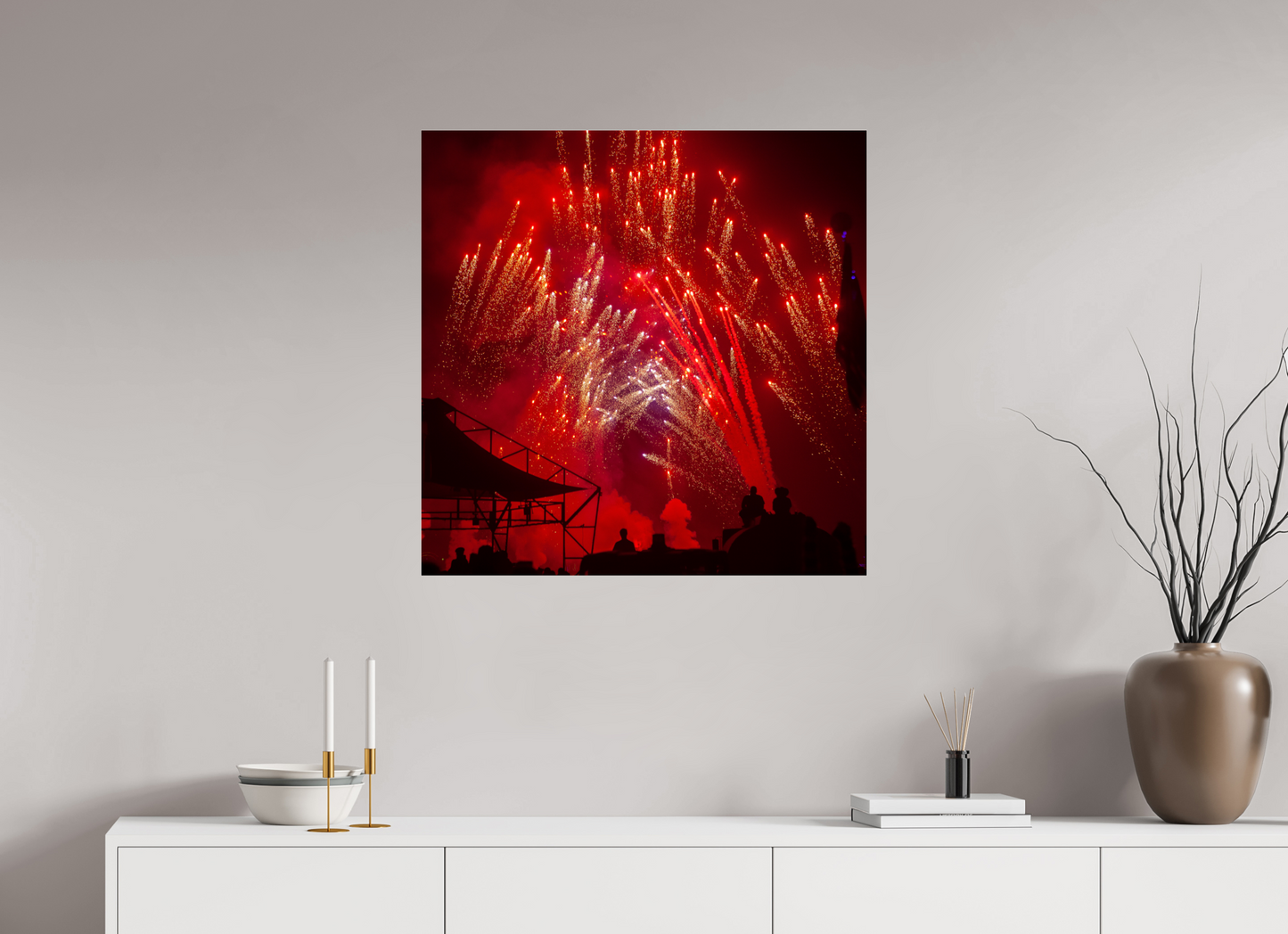 30 x 30″, Frameless Acrylic Glass Burning Man - Red Fireworks