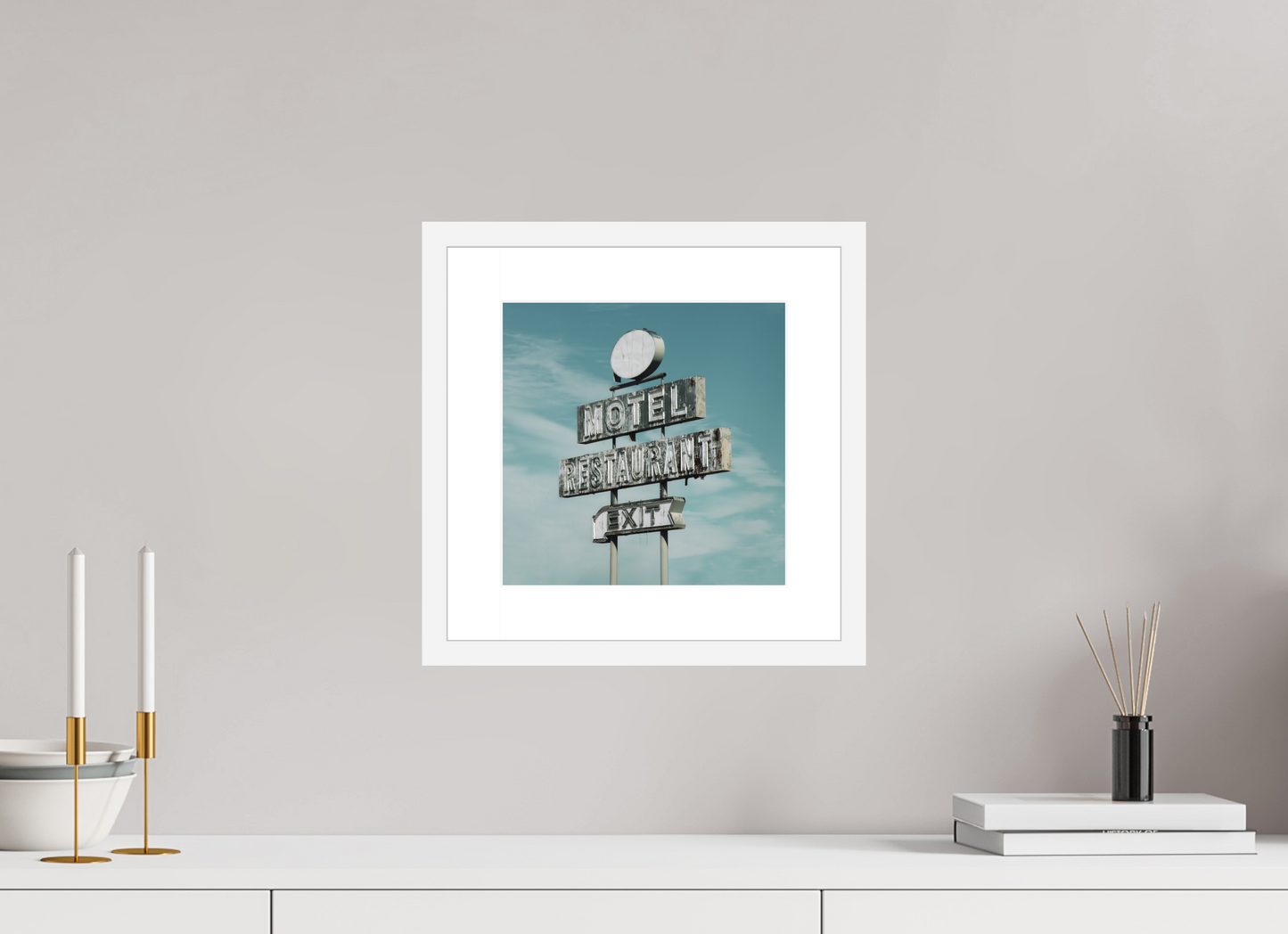 10 x 10″, Solid 0.8" White Wood Frame With 2" Natural White Passe-Partout with Museum Glass Motel Restaurant Exit Sign