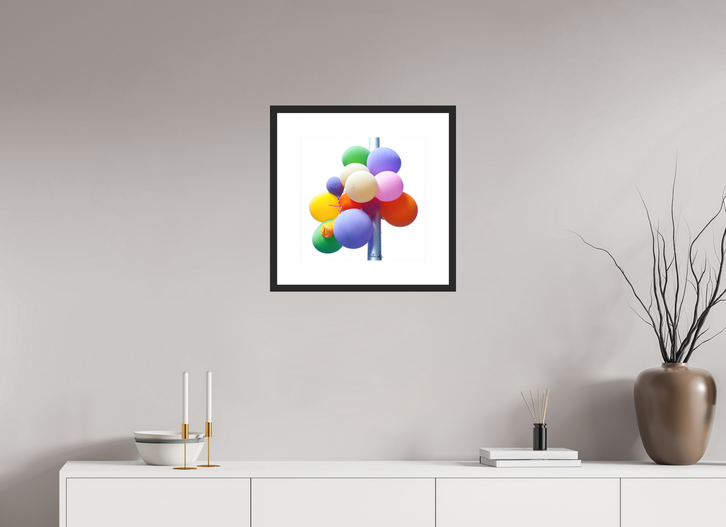 15 x 15″, Solid 0.8" Black Wood Frame With 3" Natural White Passe-Partout with Museum Glass Colorful Ballons Tied to a Lamp Post