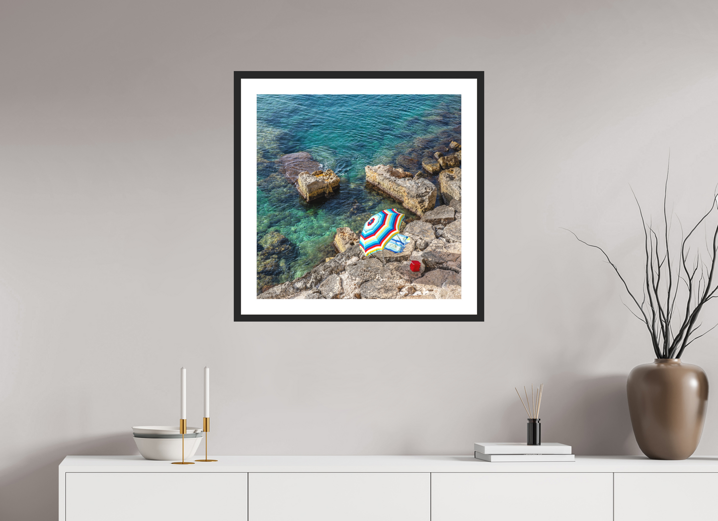 25 x 25″, Solid 0.8" Black Wood Frame With 2" Natural White Passe-Partout with Museum Glass Monopoli Beach