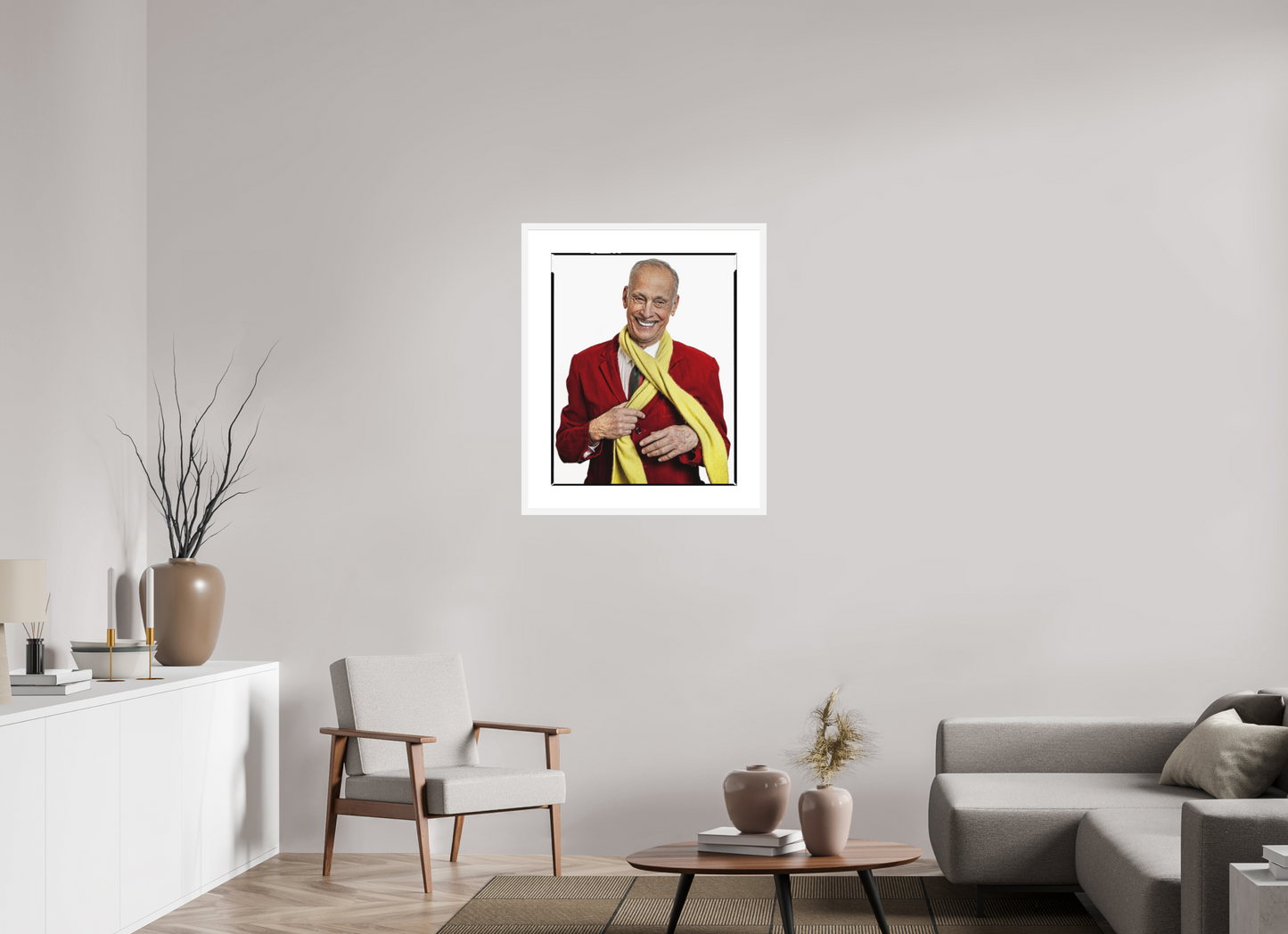 24 x 30″, Solid 0.8" White Wood Frame With 3" Natural White Passe-Partout with Museum Glass Director John Waters in Red Jacket