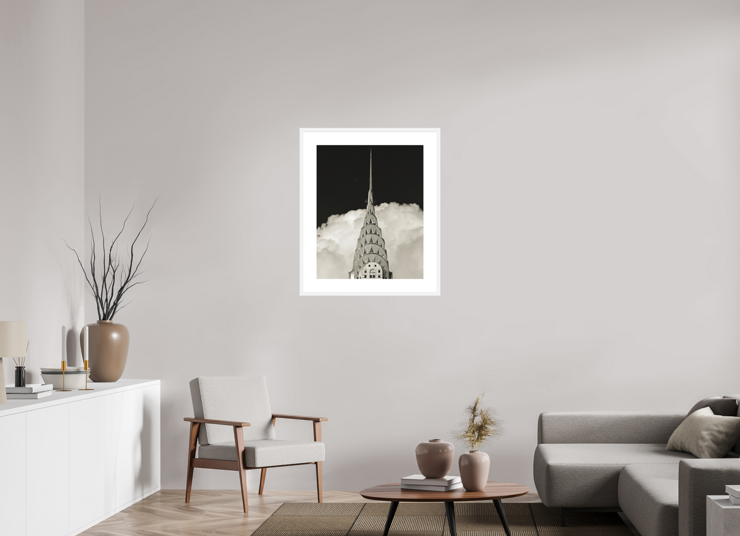 24 x 30″, Solid 0.8" White Wood Frame With 3" Natural White Passe-Partout with Museum Glass Chrysler Building Against Clouds