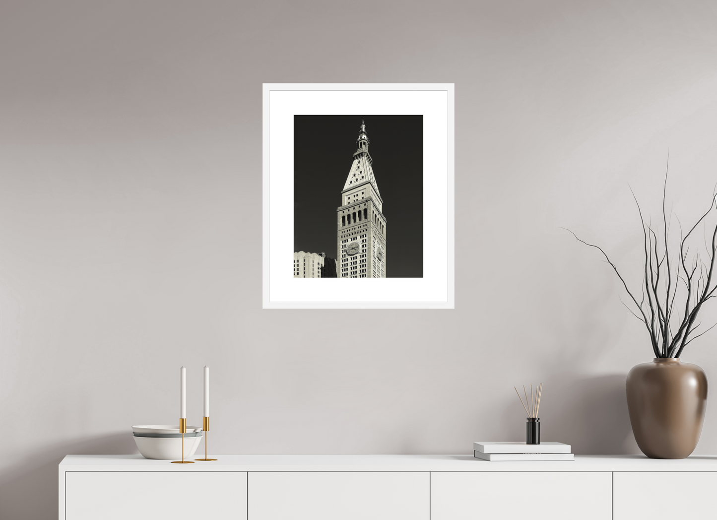 16 x 20″, Solid 0.8" White Wood Frame With 3" Natural White Passe-Partout with Museum Glass Metropolitan Life Insurance Company Tower