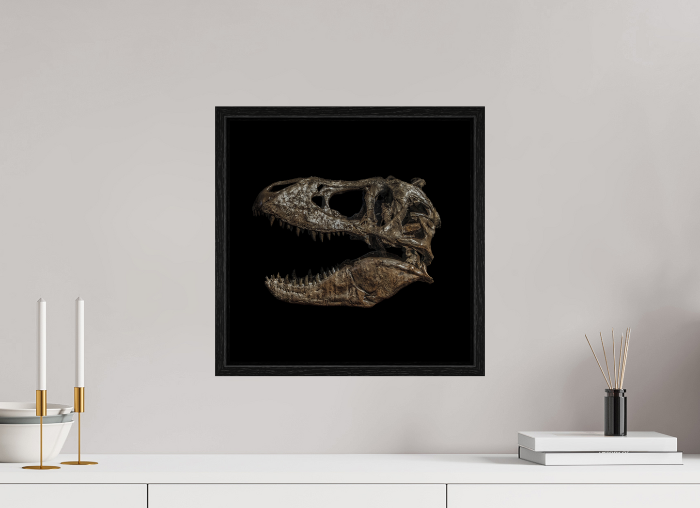 15 x 15″, Floater Frame T-Rex Skull