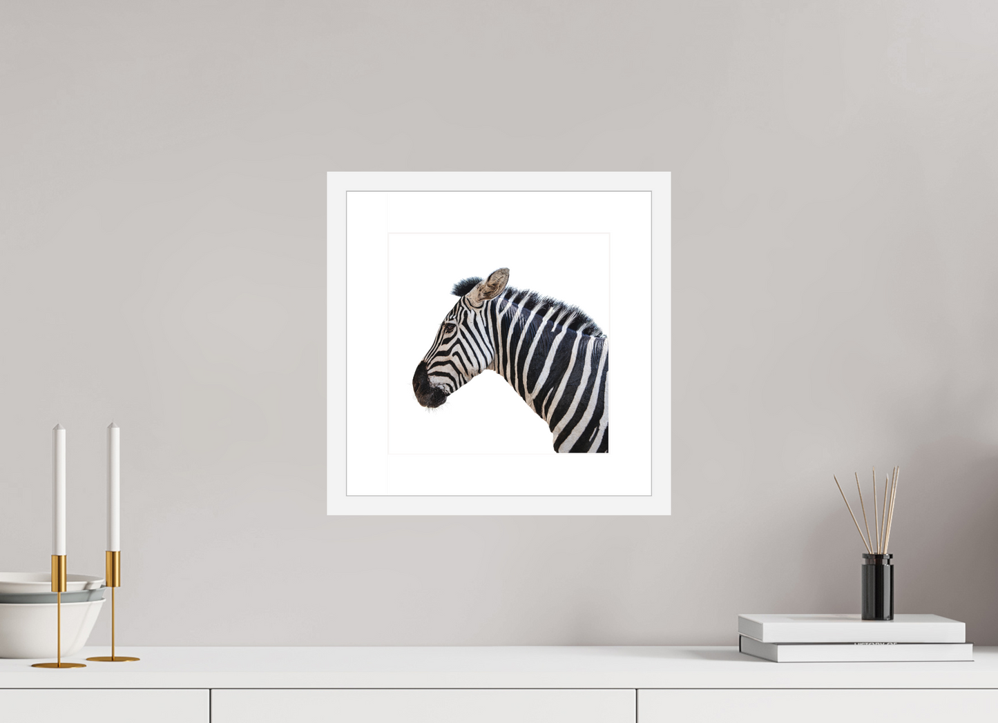10 x 10″, Solid 0.8" White Wood Frame With 2" Natural White Passe-Partout with Museum Glass Zebra