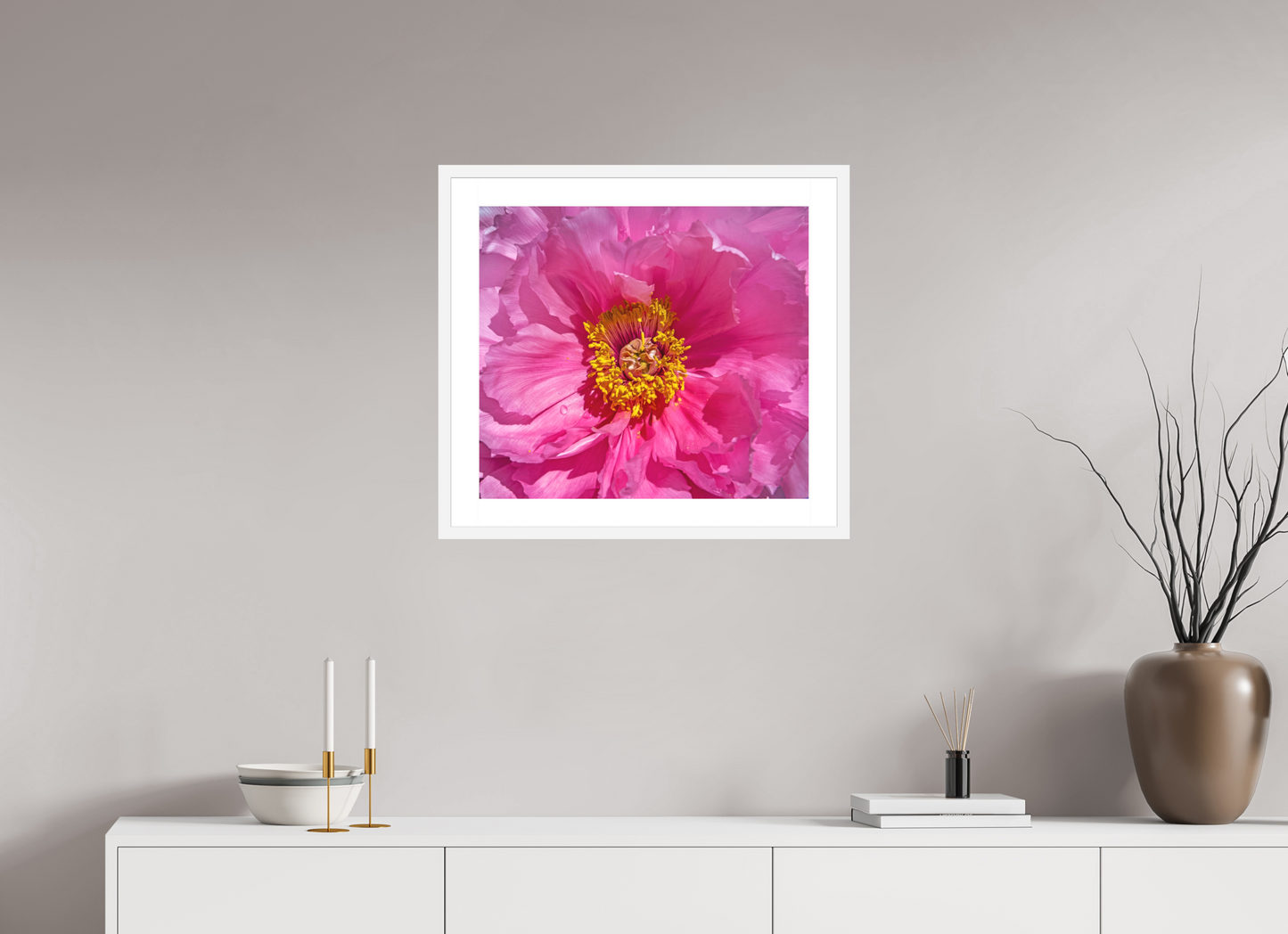22.5 x 20″, Solid 0.8" White Wood Frame With 2" Natural White Passe-Partout with Museum Glass Pink Flower
