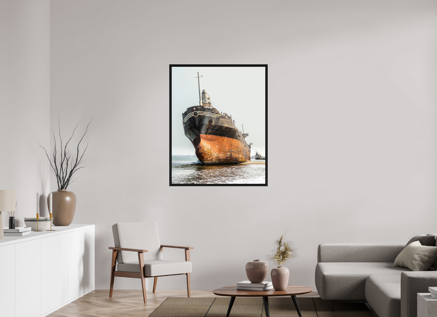 35 x 43.7″, Floater Frame Grounded Ship Angola
