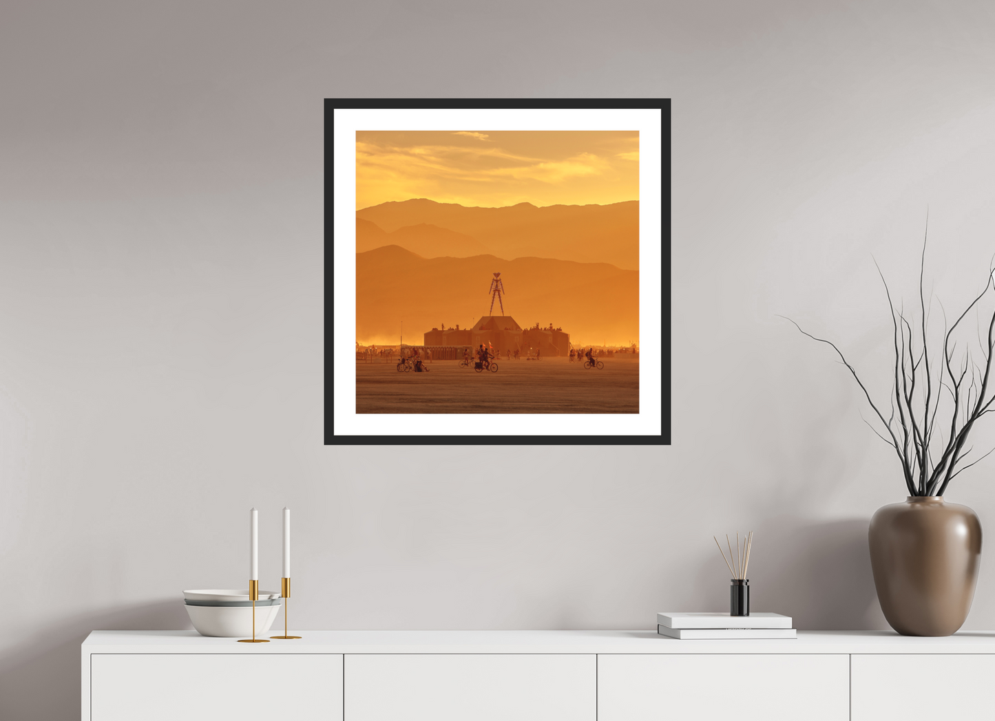 25 x 25″, Solid 0.8" Black Wood Frame With 2" Natural White Passe-Partout with Museum Glass Burning Man with Mountains