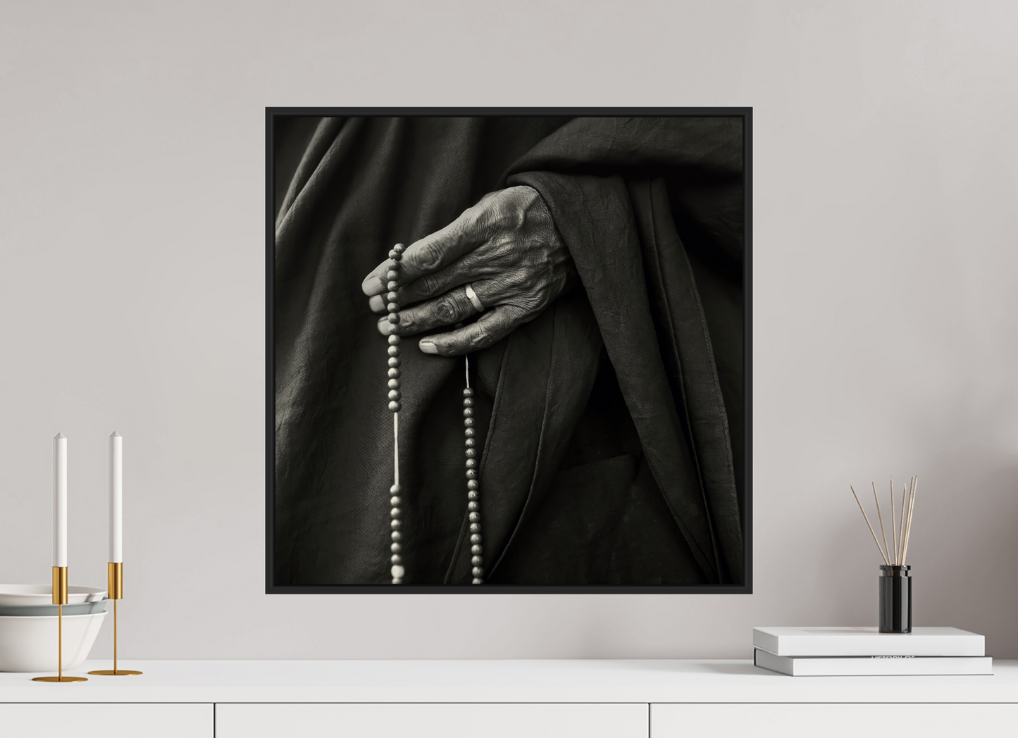 20 x 20″, Black Matte Frame, No Border Tibetan Monk Hand with Prayer Beads